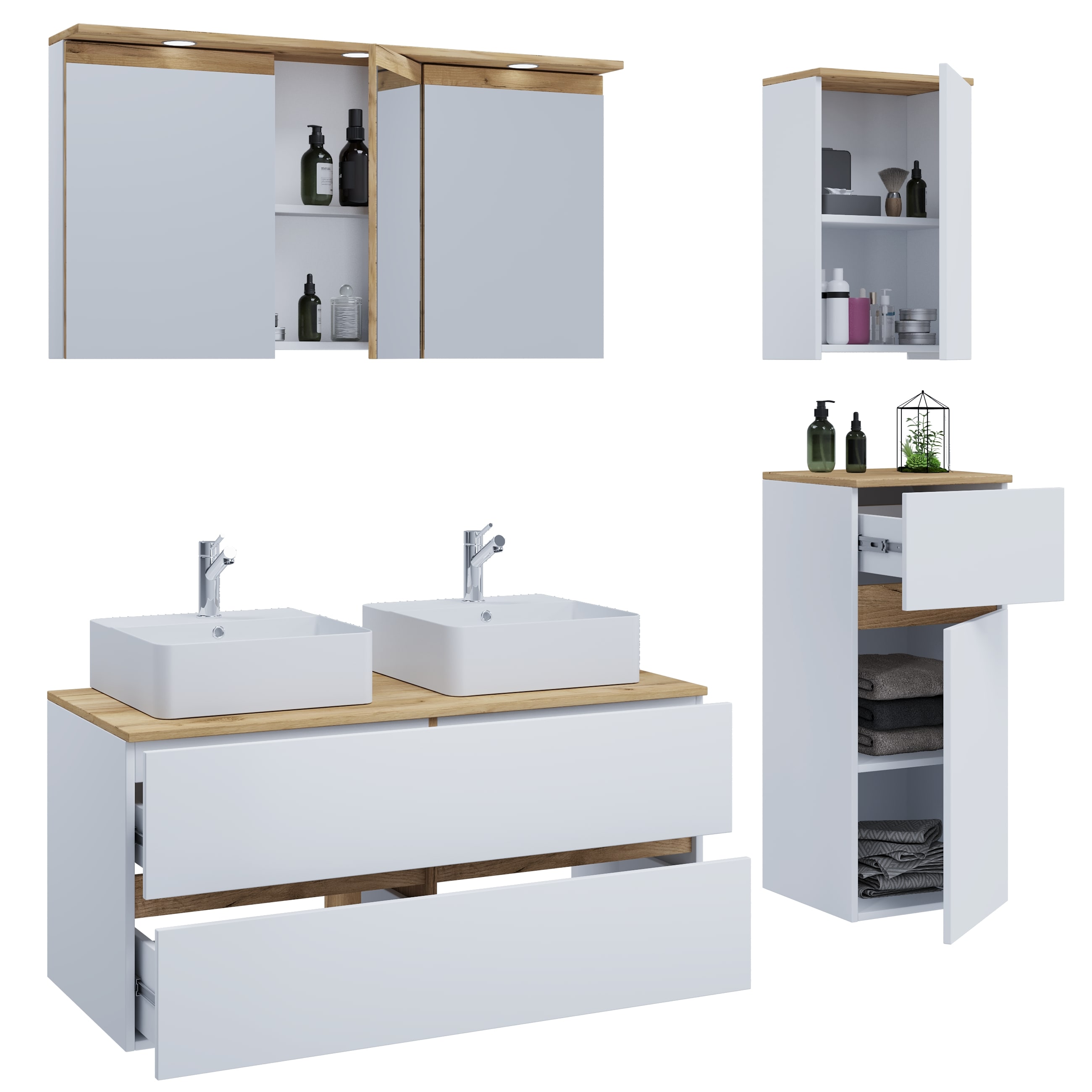 VCM 6-tlg. Doppelwaschtisch Cosila mit 2 Keramikbecken &ndash; Badschrank  H. 51 x B. 111 x T. 51 cm mit 2 Softclose-Schubladen, Spiegelschrank mit Beleuchtung & Steckdose, Midi und H&auml;ngeschrank, Waschplatz Set Cosila-A - Bild 1