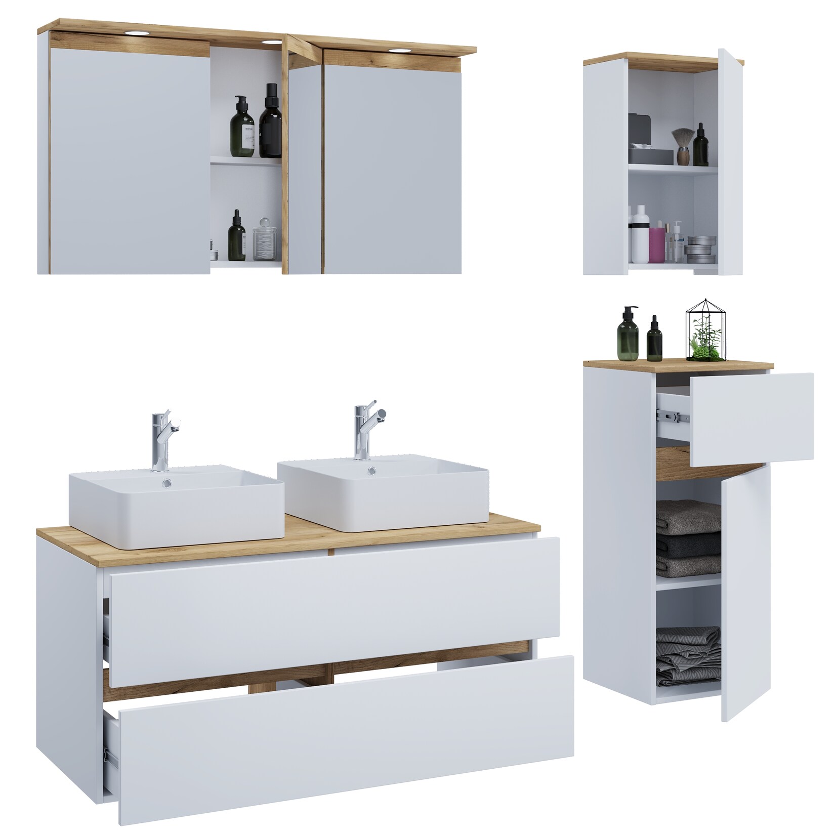 VCM 6-tlg. Doppelwaschtisch Cosila mit 2 Keramikbecken – Badschrank H. 51 x B. 111 x T. 51 cm mit 2 Softclose-Schubladen, Spiegelschrank mit Beleuchtung & Steckdose, Midi und Hängeschrank, Waschplatz Set Cosila-A