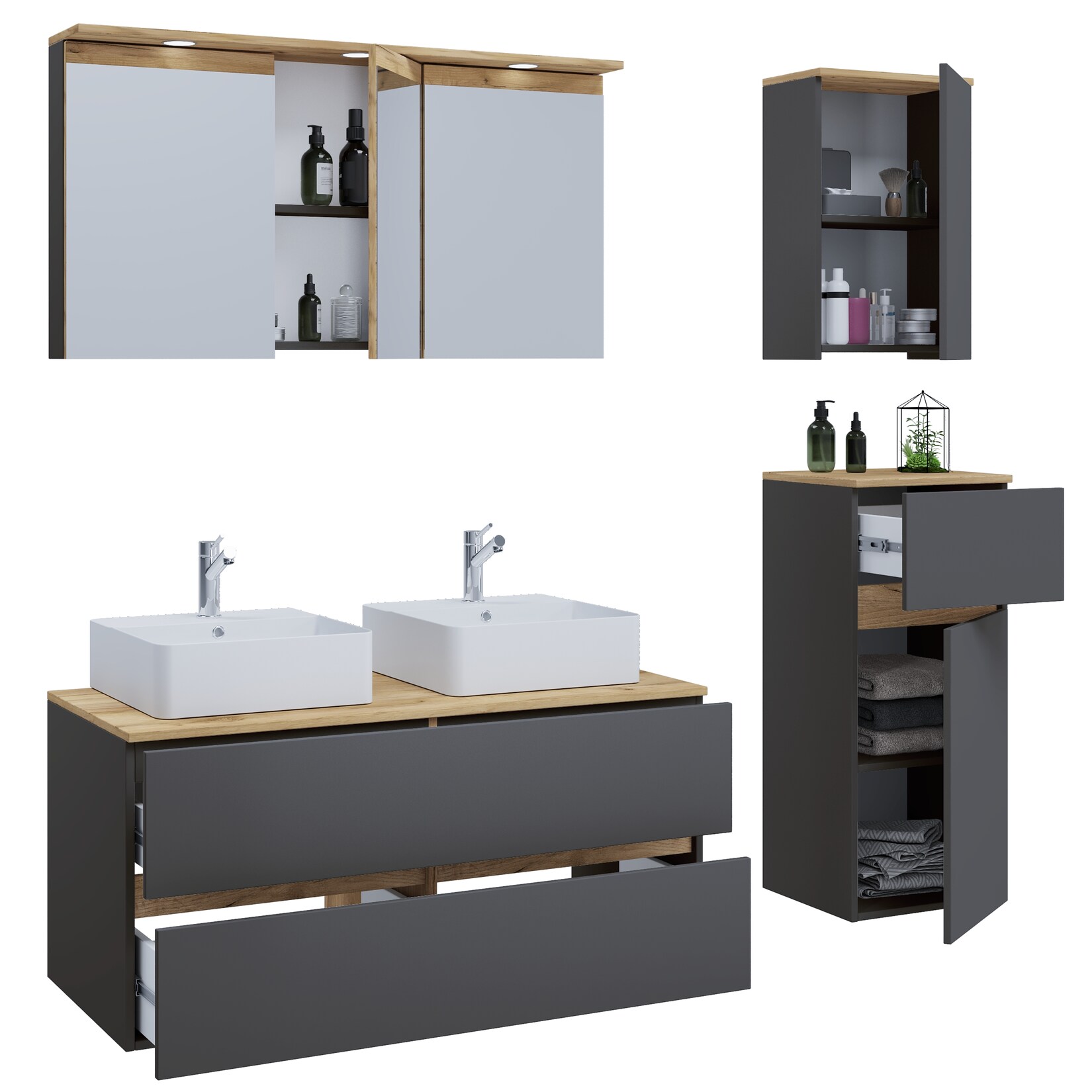 VCM 6-tlg. Doppelwaschtisch Cosila mit 2 Keramikbecken – Badschrank H. 51 x B. 111 x T. 51 cm mit 2 Softclose-Schubladen, Spiegelschrank mit Beleuchtung & Steckdose, Midi und Hängeschrank, Waschplatz Set Cosila-A