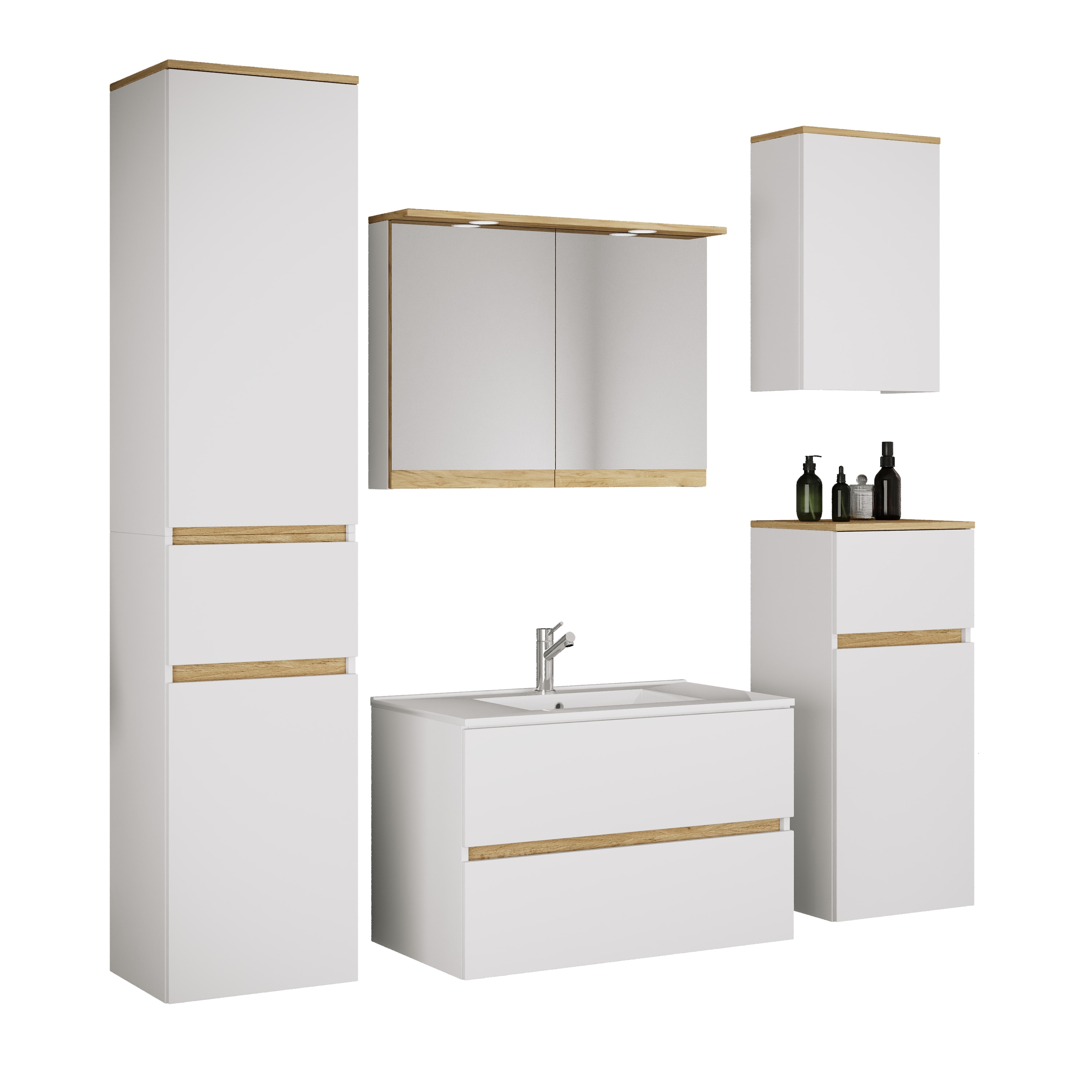 VCM 6-tlg. Waschtisch Set mit Keramikbecken, Badschrank mit 2 Softclose-Schubladen, Hochschrank, Midischrank, H&auml;ngeschrank, Spiegelschrank mit Beleuchtung und Steckdose, Ma&szlig;e Unterschrank H. 51 x B. 61 x T. 47 cm, Cosila-I - Bild 1