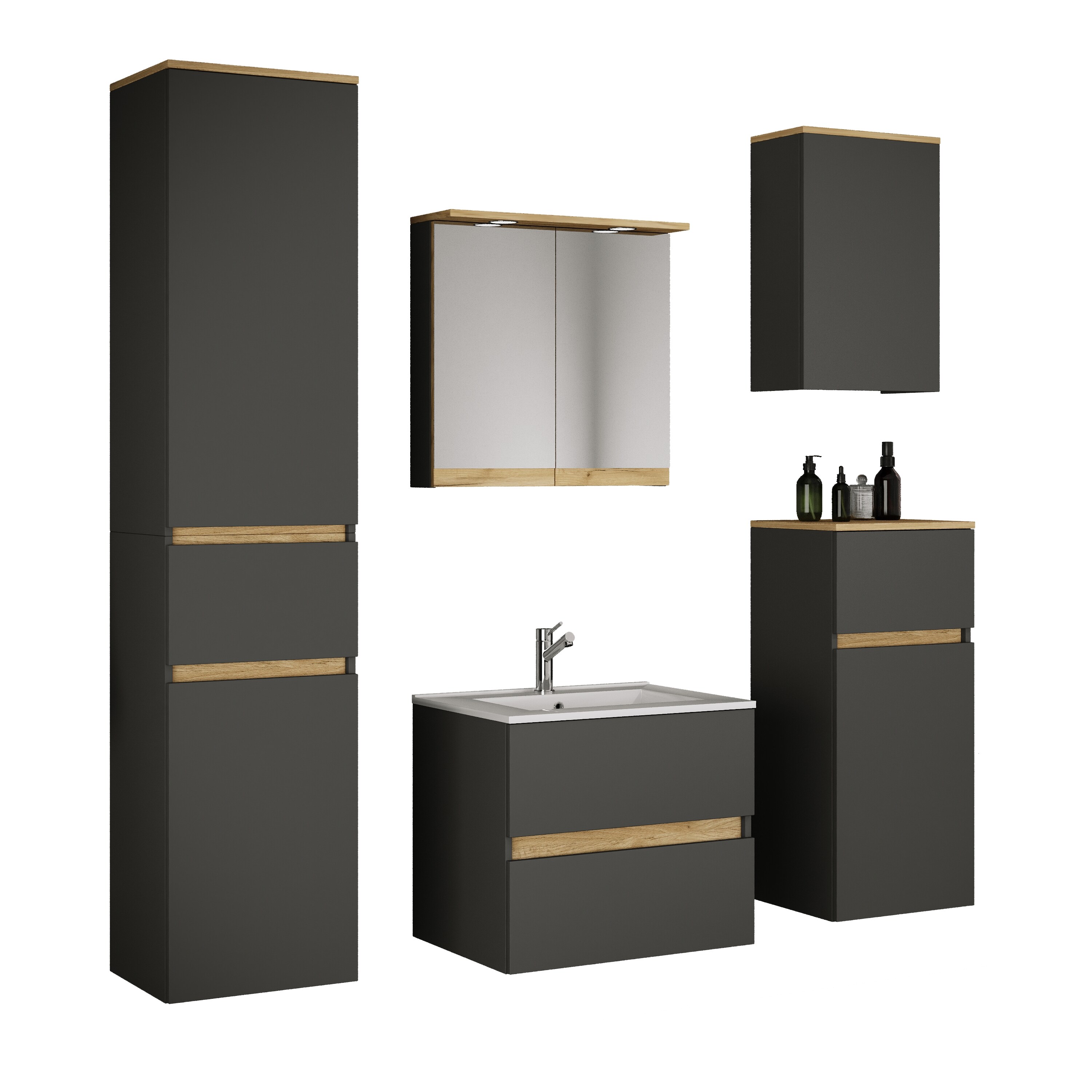 VCM 6-tlg. Waschtisch Set mit Keramikbecken, Badschrank mit 2 Softclose-Schubladen, Hochschrank, Midischrank, H&auml;ngeschrank, Spiegelschrank mit Beleuchtung und Steckdose, Ma&szlig;e Unterschrank H. 51 x B. 61 x T. 47 cm, Cosila-I - Bild 1