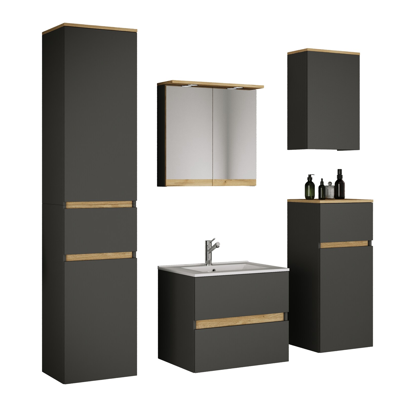 VCM 6-tlg. Waschtisch Set mit Keramikbecken, Badschrank mit 2 Softclose-Schubladen, Hochschrank, Midischrank, Hängeschrank, Spiegelschrank mit Beleuchtung und Steckdose, Maße Unterschrank H. 51 x B. 61 x T. 47 cm, Cosila-I