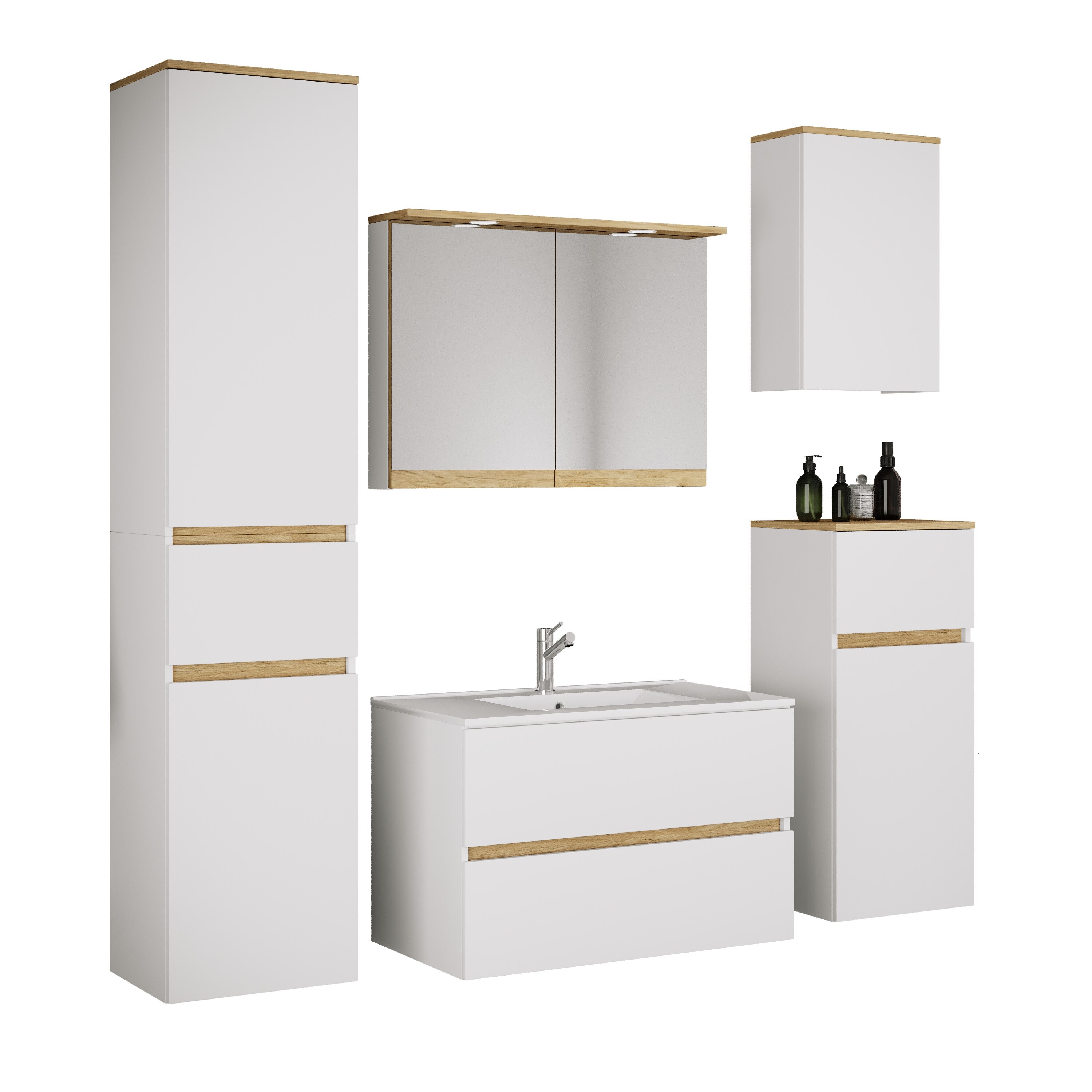 VCM 6-tlg. Waschtisch Set mit Keramikbecken, Badschrank mit 2 Softclose-Schubladen, Hochschrank, Midischrank, H&auml;ngeschrank, Spiegelschrank mit Beleuchtung und Steckdose, Ma&szlig;e Unterschrank H. 51 x B. 81 x T. 47 cm, Cosila-I - Bild 1