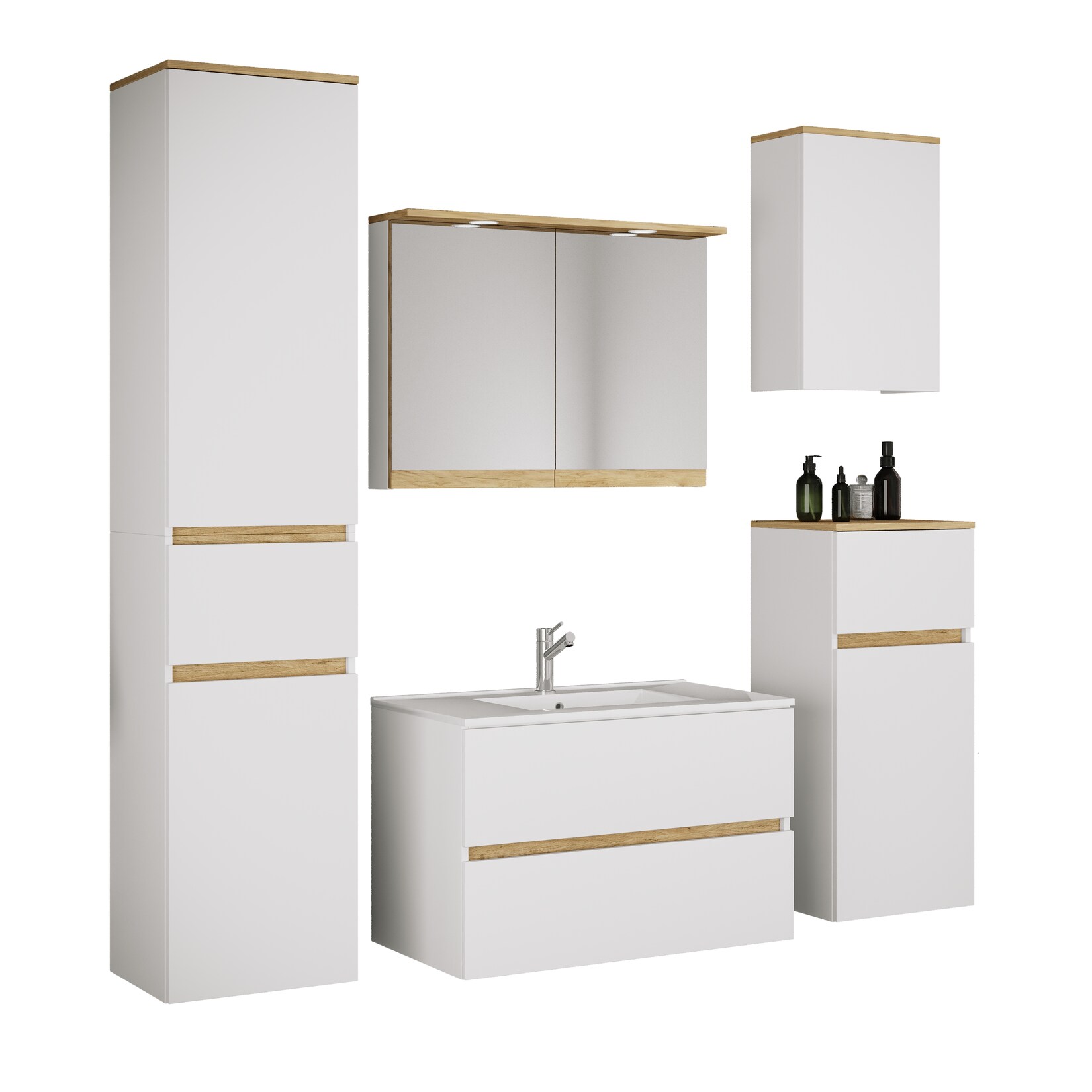 VCM 6-tlg. Waschtisch Set mit Keramikbecken, Badschrank mit 2 Softclose-Schubladen, Hochschrank, Midischrank, Hängeschrank, Spiegelschrank mit Beleuchtung und Steckdose, Maße Unterschrank H. 51 x B. 81 x T. 47 cm, Cosila-I