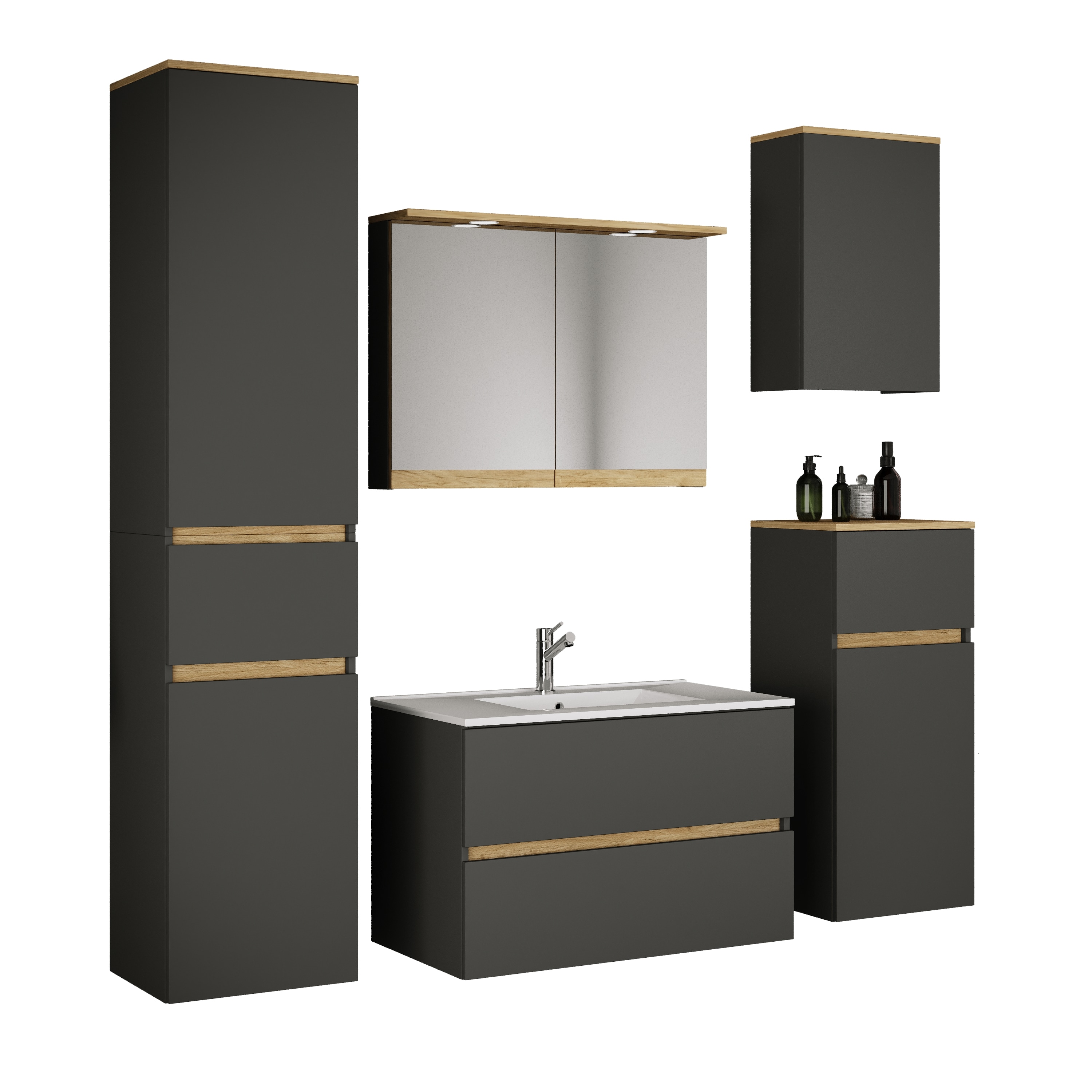 VCM 6-tlg. Waschtisch Set mit Keramikbecken, Badschrank mit 2 Softclose-Schubladen, Hochschrank, Midischrank, H&auml;ngeschrank, Spiegelschrank mit Beleuchtung und Steckdose, Ma&szlig;e Unterschrank H. 51 x B. 81 x T. 47 cm, Cosila-I - Bild 1