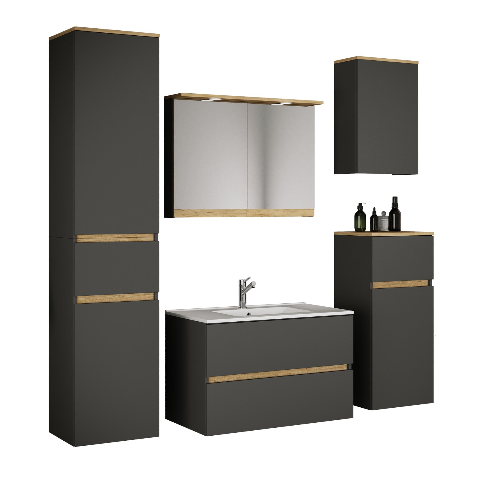 VCM 6-tlg. Waschtisch Set mit Keramikbecken, Badschrank mit 2 Softclose-Schubladen, Hochschrank, Midischrank, Hängeschrank, Spiegelschrank mit Beleuchtung und Steckdose, Maße Unterschrank H. 51 x B. 81 x T. 47 cm, Cosila-I