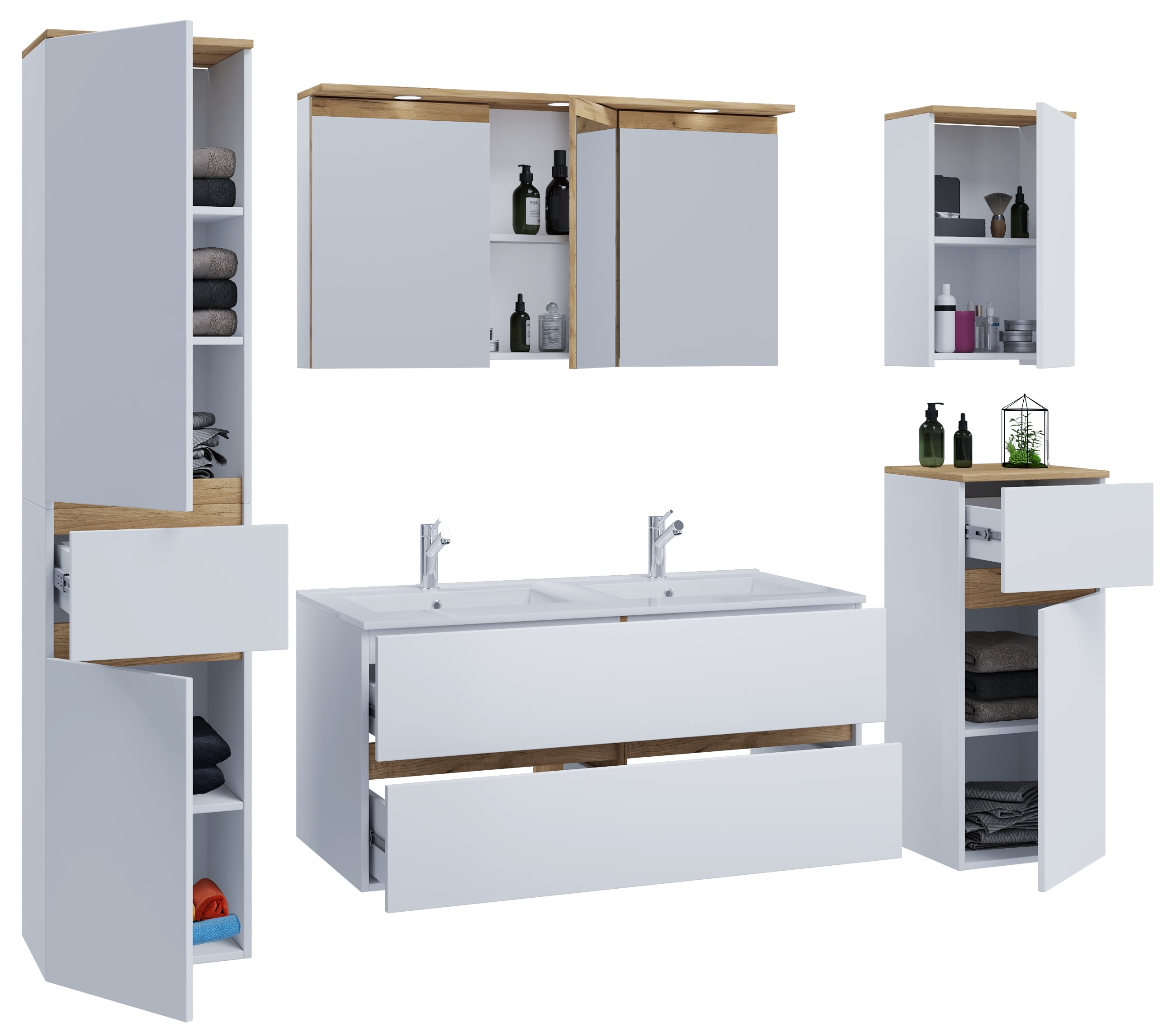 VCM 6-tlg. Doppelwaschtisch Cosila mit 1 Doppel Keramikbecken &ndash; Badschrank  H. 51 x B. 111 x T. 51 cm mit 2 Softclose-Schubladen, Spiegelschrank mit Beleuchtung & Steckdose, Midi und H&auml;ngeschrank, Waschplatz Set Cosila-I - Bild 1