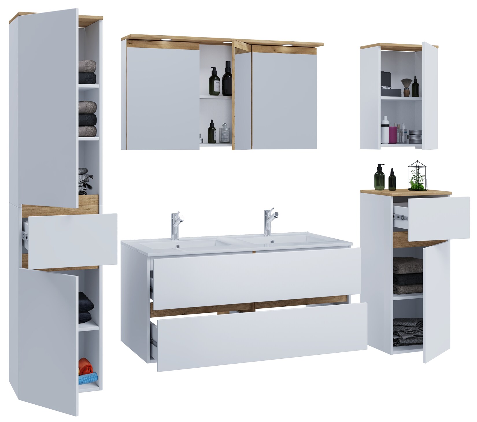 VCM 6-tlg. Doppelwaschtisch Cosila mit 1 Doppel Keramikbecken – Badschrank H. 51 x B. 111 x T. 51 cm mit 2 Softclose-Schubladen, Spiegelschrank mit Beleuchtung & Steckdose, Midi und Hängeschrank, Waschplatz Set Cosila-I