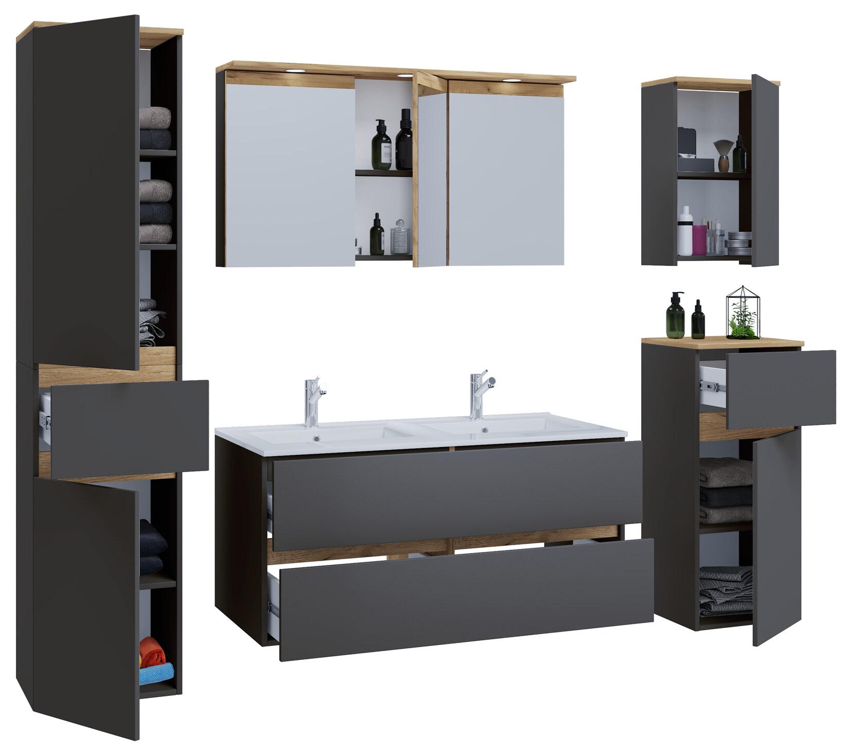 VCM 6-tlg. Doppelwaschtisch Cosila mit 1 Doppel Keramikbecken – Badschrank H. 51 x B. 111 x T. 51 cm mit 2 Softclose-Schubladen, Spiegelschrank mit Beleuchtung & Steckdose, Midi und Hängeschrank, Waschplatz Set Cosila-I