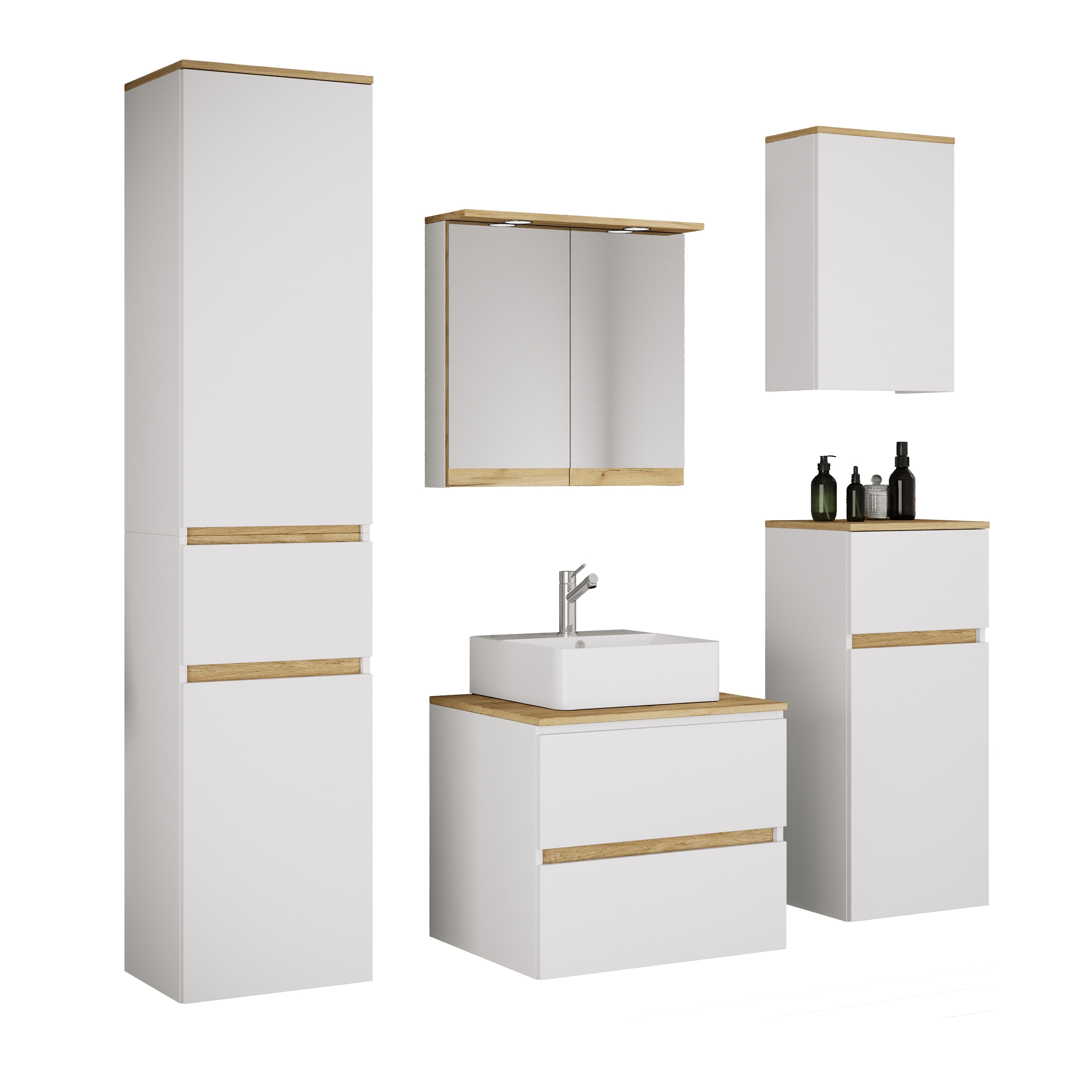 VCM 6-tlg. Waschtisch Set mit Keramikbecken, Badschrank mit 2 Softclose-Schubladen, Hochschrank, Midischrank, H&auml;ngeschrank, Spiegelschrank mit Beleuchtung und Steckdose, Ma&szlig;e Unterschrank H. 51 x B. 60 x T. 51 cm, Cosila-A - Bild 1