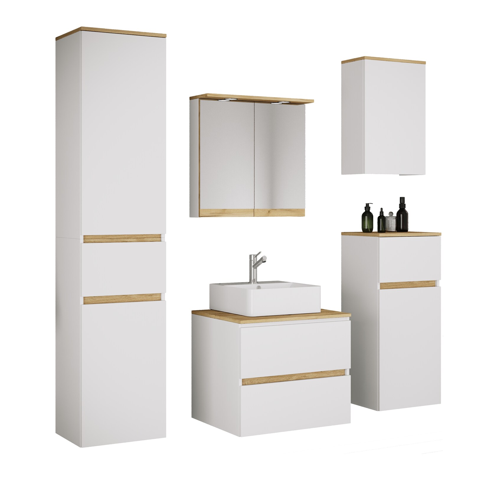 VCM 6-tlg. Waschtisch Set mit Keramikbecken, Badschrank mit 2 Softclose-Schubladen, Hochschrank, Midischrank, Hängeschrank, Spiegelschrank mit Beleuchtung und Steckdose, Maße Unterschrank H. 51 x B. 60 x T. 51 cm, Cosila-A