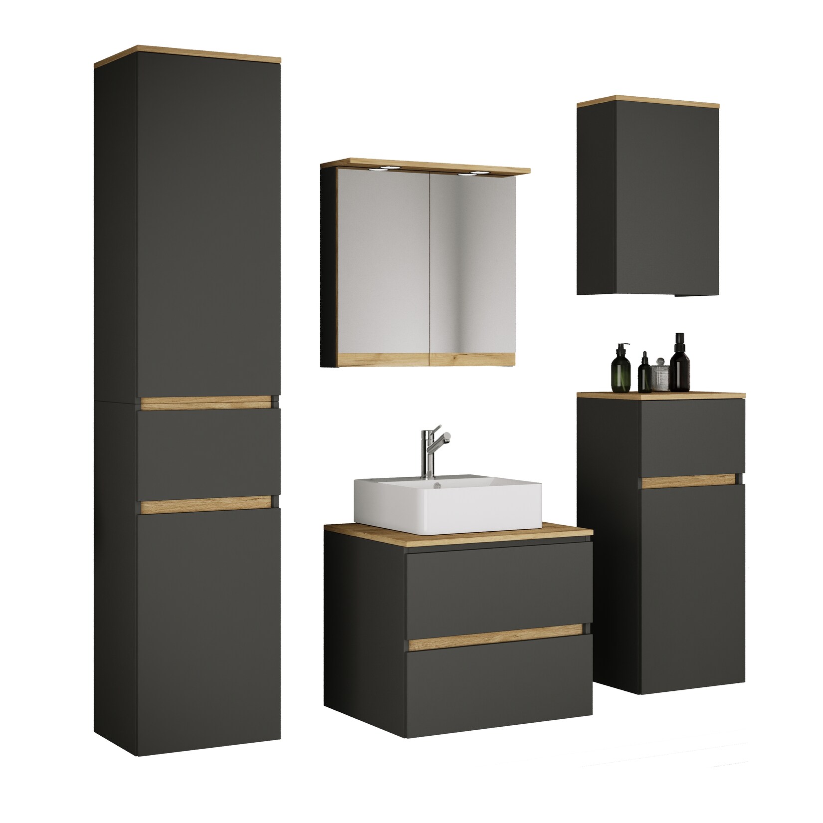 VCM 6-tlg. Waschtisch Set mit Keramikbecken, Badschrank mit 2 Softclose-Schubladen, Hochschrank, Midischrank, Hängeschrank, Spiegelschrank mit Beleuchtung und Steckdose, Maße Unterschrank H. 51 x B. 60 x T. 51 cm, Cosila-A