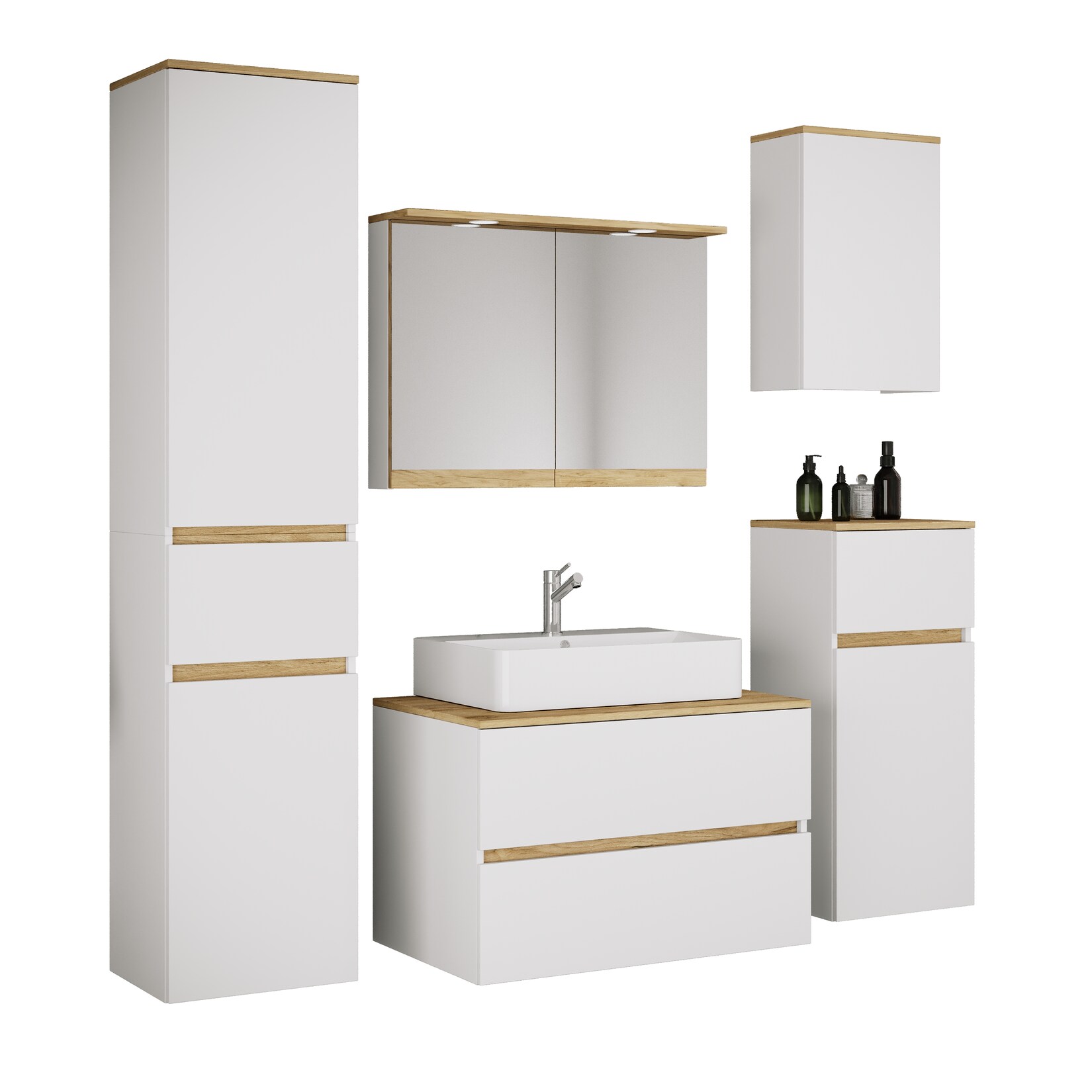 VCM 6-tlg. Waschtisch Set mit Keramikbecken, Badschrank mit 2 Softclose-Schubladen, Hochschrank, Midischrank, Hängeschrank, Spiegelschrank mit Beleuchtung und Steckdose, Maße Unterschrank H. 51 x B. 80 x T. 51 cm, Cosila-A