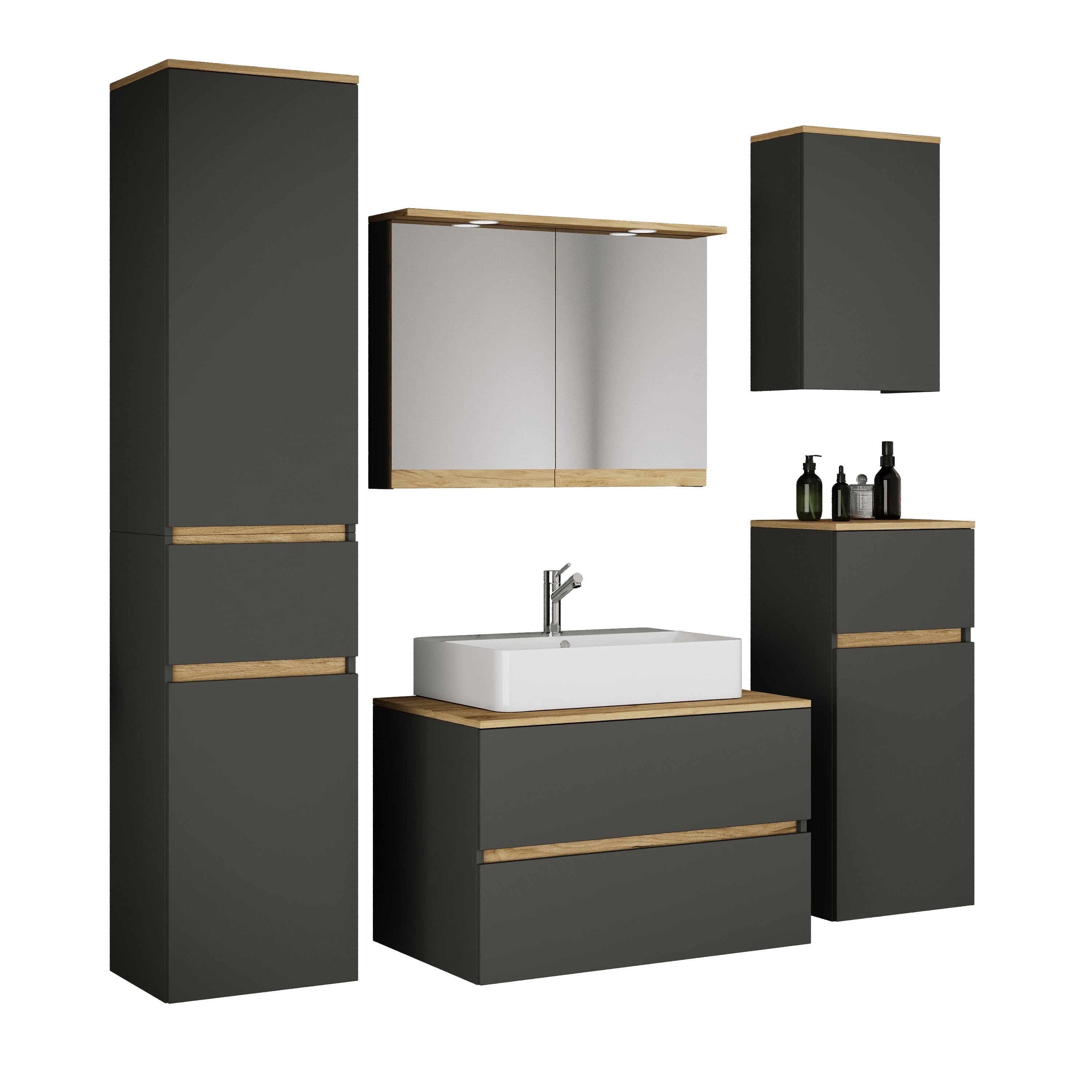 VCM 6-tlg. Waschtisch Set mit Keramikbecken, Badschrank mit 2 Softclose-Schubladen, Hochschrank, Midischrank, H&auml;ngeschrank, Spiegelschrank mit Beleuchtung und Steckdose, Ma&szlig;e Unterschrank H. 51 x B. 80 x T. 51 cm, Cosila-A - Bild 1