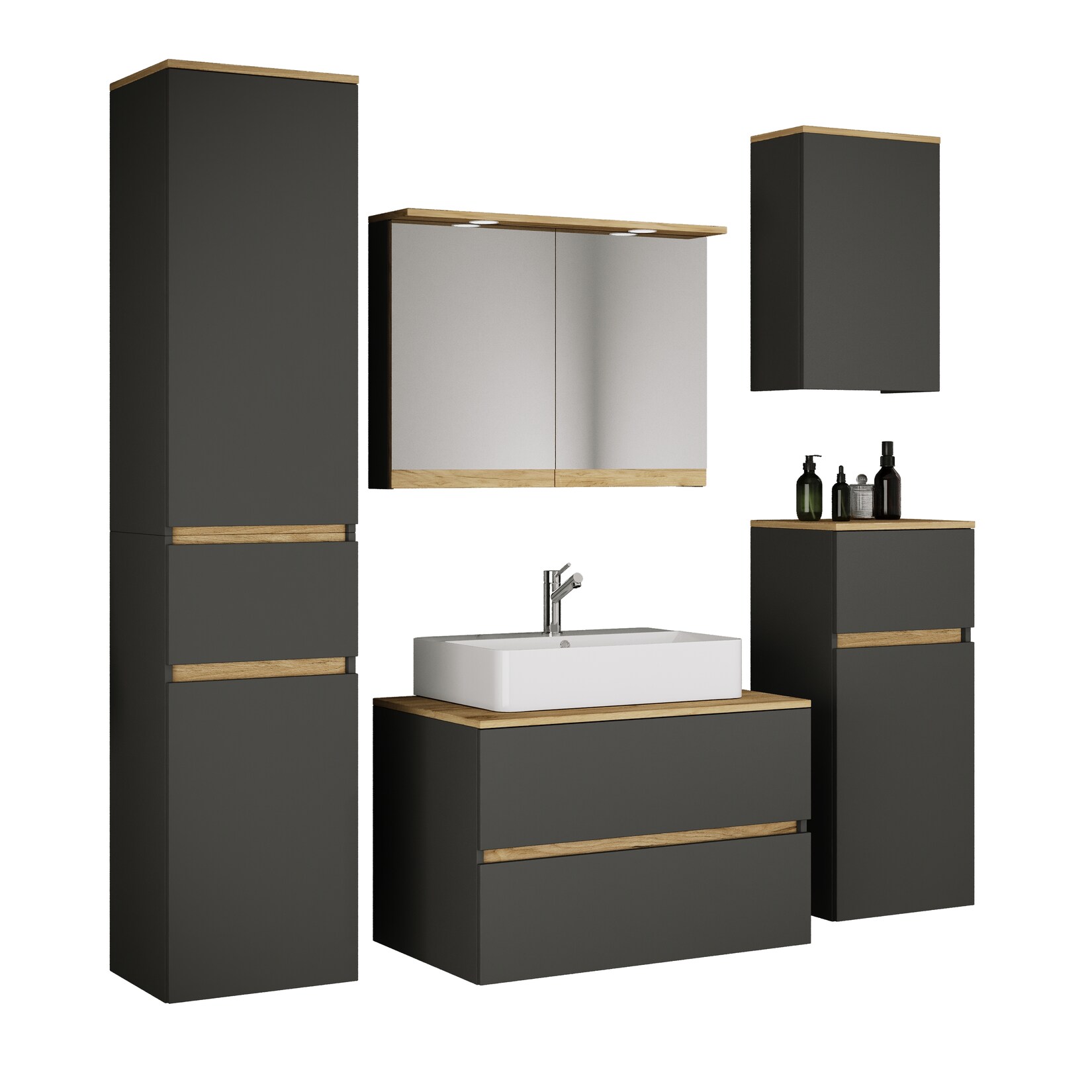 VCM 6-tlg. Waschtisch Set mit Keramikbecken, Badschrank mit 2 Softclose-Schubladen, Hochschrank, Midischrank, Hängeschrank, Spiegelschrank mit Beleuchtung und Steckdose, Maße Unterschrank H. 51 x B. 80 x T. 51 cm, Cosila-A