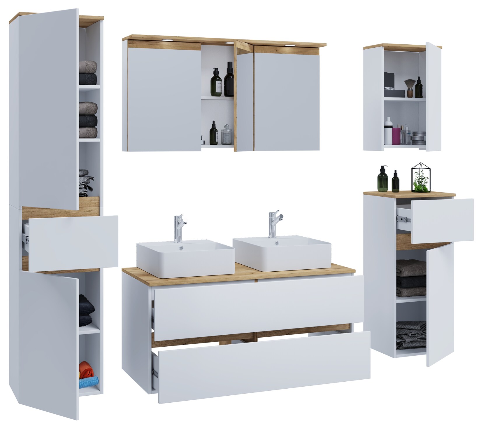 VCM 7-tlg. Doppelwaschtisch Cosila mit 2 Keramikbecken – Badschrank H. 51 x B. 111 x T. 51 cm mit 2 Softclose-Schubladen, Spiegelschrank mit Beleuchtung & Steckdose, Midi und Hängeschrank, Waschplatz Set Cosila-A