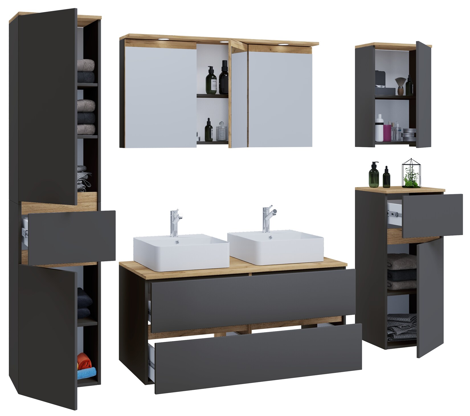 VCM 7-tlg. Doppelwaschtisch Cosila mit 2 Keramikbecken – Badschrank H. 51 x B. 111 x T. 51 cm mit 2 Softclose-Schubladen, Spiegelschrank mit Beleuchtung & Steckdose, Midi und Hängeschrank, Waschplatz Set Cosila-A
