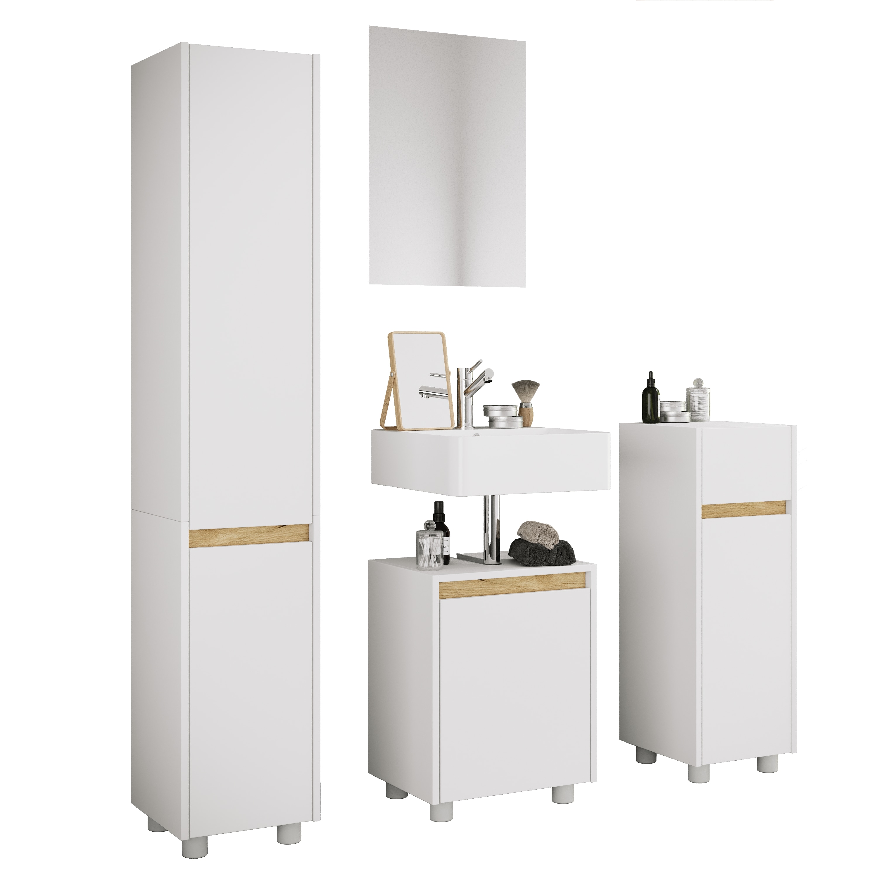 VCM 4-tlg. Badm&ouml;bel Set mit Waschbeckenunterschrank, Hochschrank, Midischrank & Spiegel - Cosila  M - Bild 1