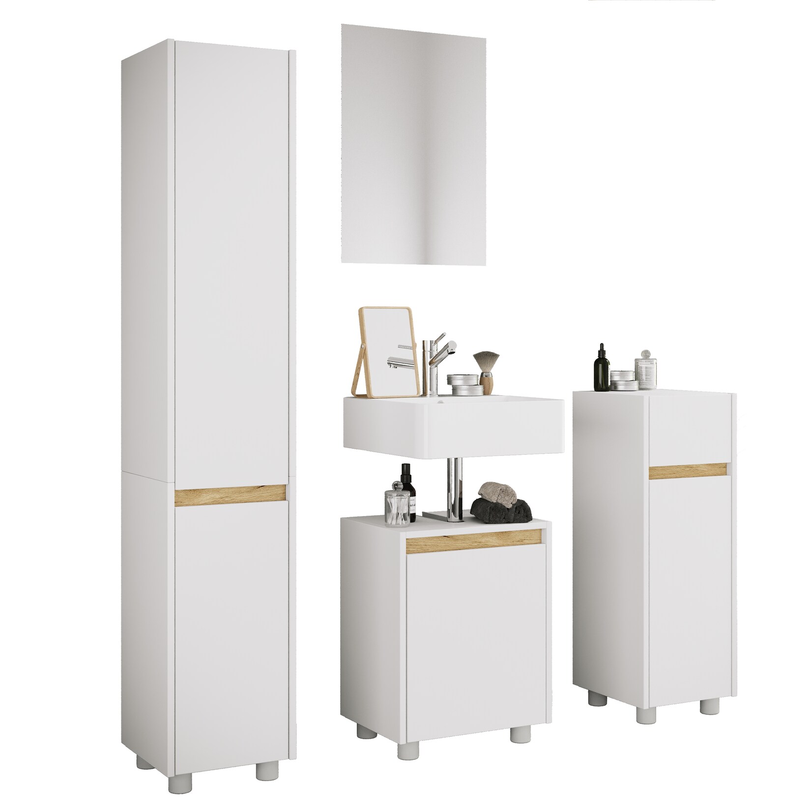 VCM 4-tlg. Badmöbel Set mit Waschbeckenunterschrank, Hochschrank, Midischrank & Spiegel - Cosila M