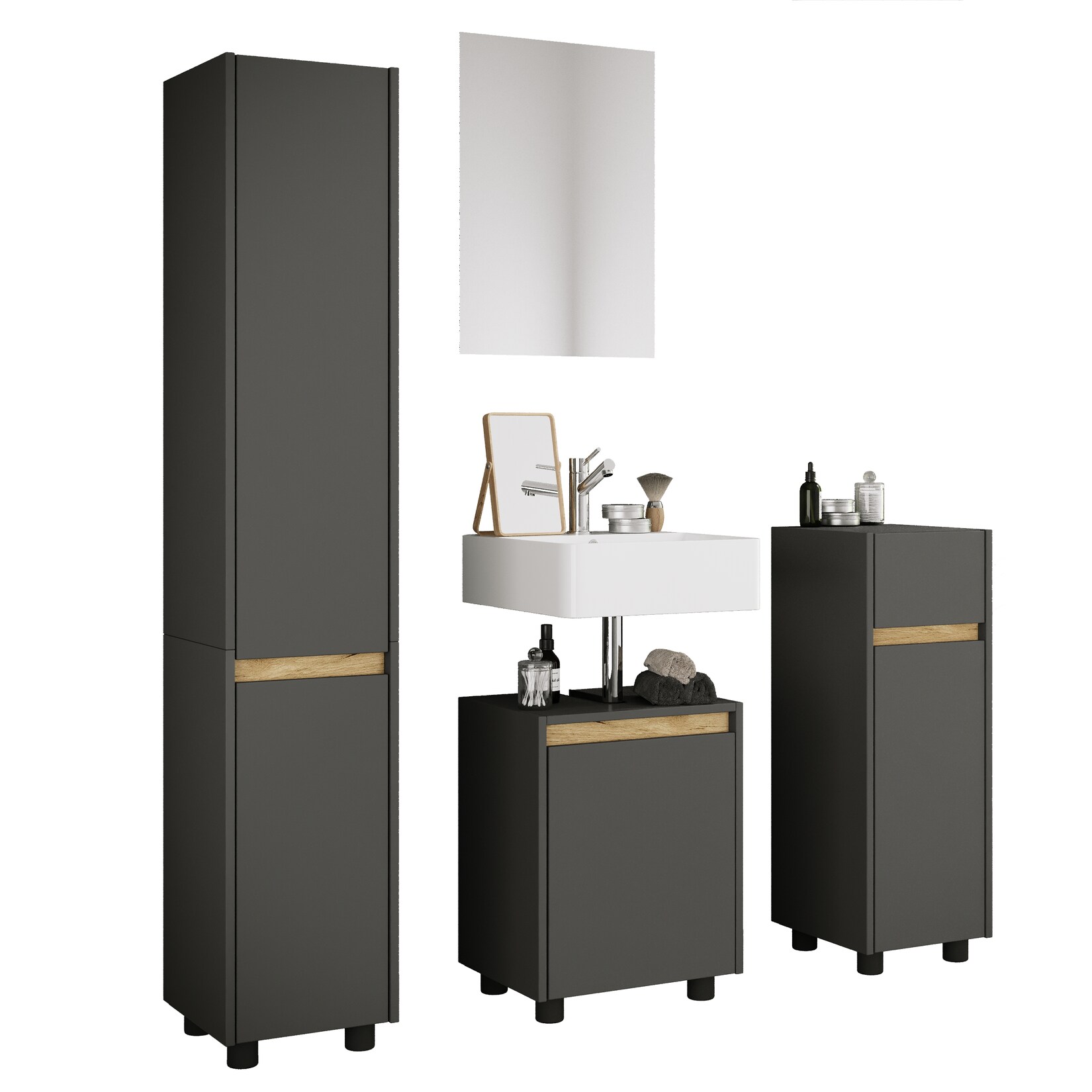 VCM 4-tlg. Badmöbel Set mit Waschbeckenunterschrank, Hochschrank, Midischrank & Spiegel - Cosila M