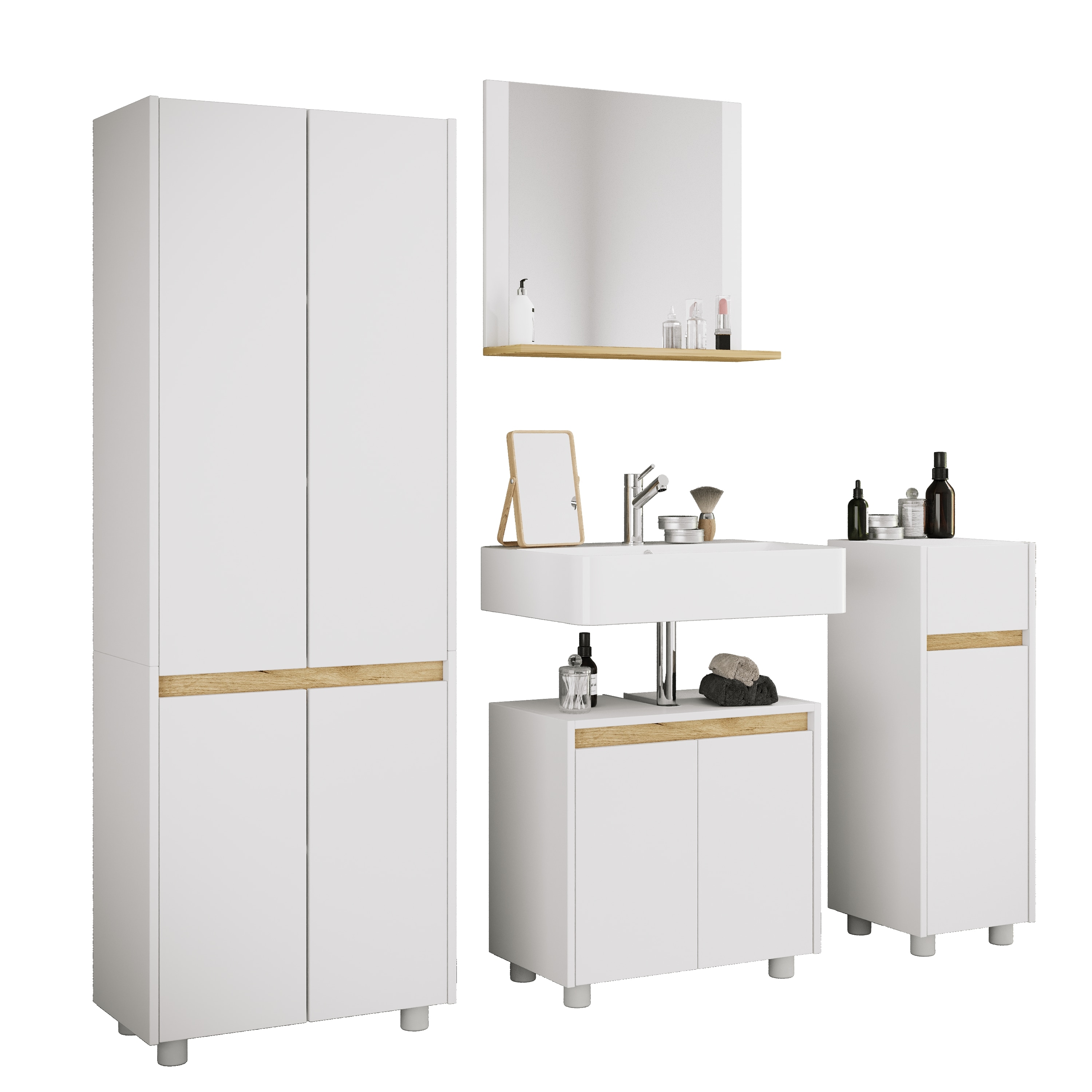 VCM 4-tlg. Badm&ouml;bel Set mit Waschbeckenunterschrank, breiter Hochschrank, Midischrank & Spiegel - Cosila  L - Bild 1