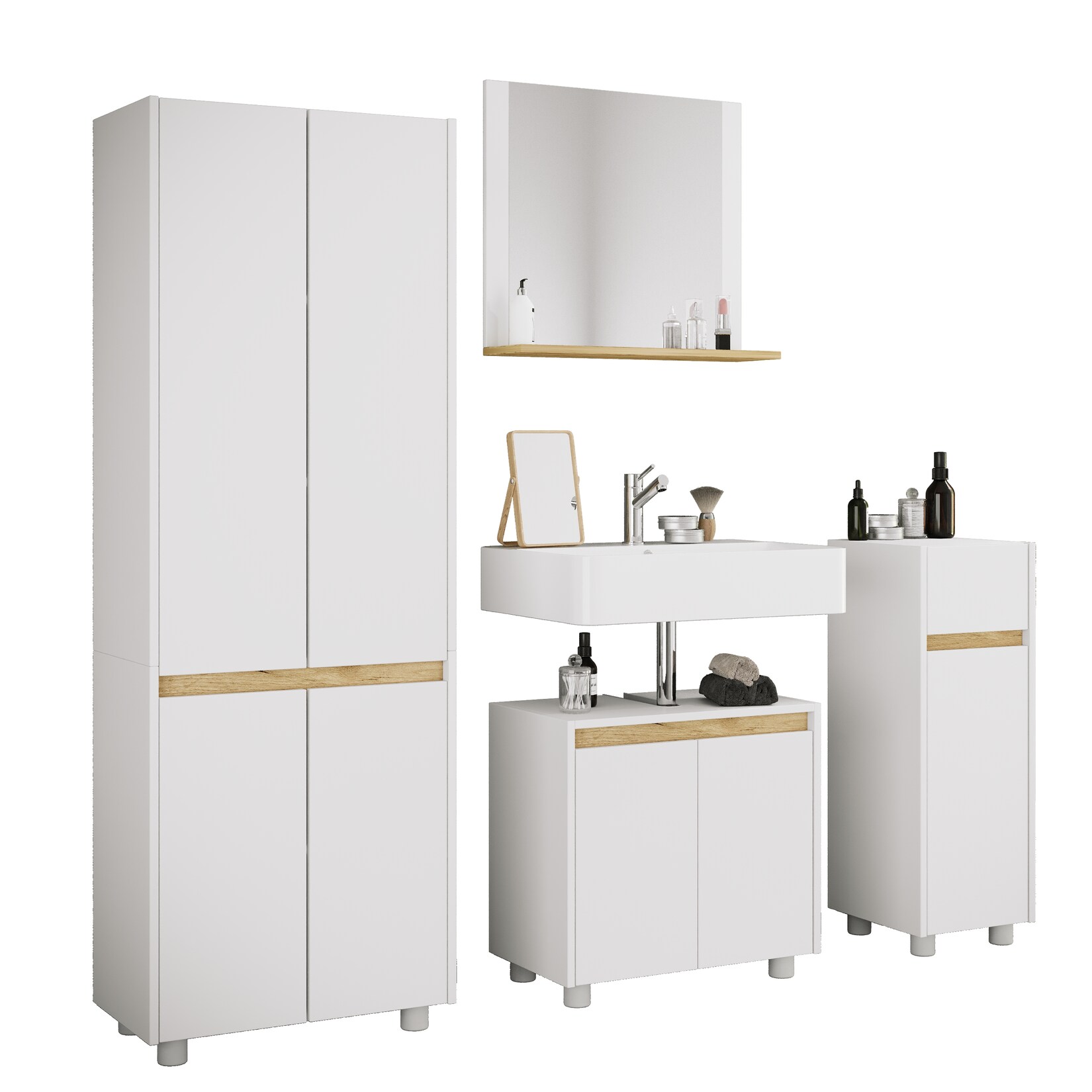VCM 4-tlg. Badmöbel Set mit Waschbeckenunterschrank, breiter Hochschrank, Midischrank & Spiegel - Cosila L