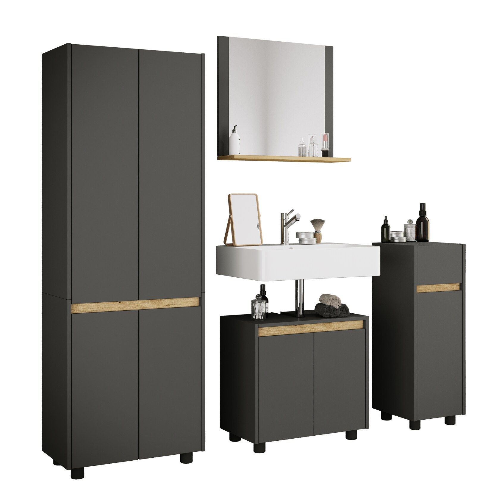 VCM 4-tlg. Badmöbel Set mit Waschbeckenunterschrank, breiter Hochschrank, Midischrank & Spiegel - Cosila L