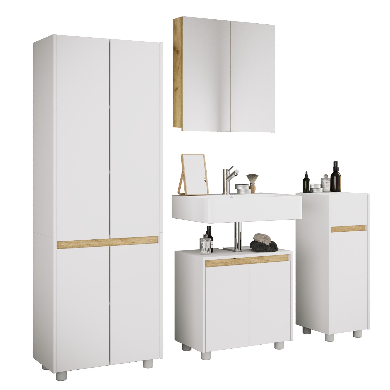 VCM 4-tlg. Badmöbel Set mit Waschbeckenunterschrank, breiter Hochschrank, Midischrank & Spiegelschrank - Cosila XL