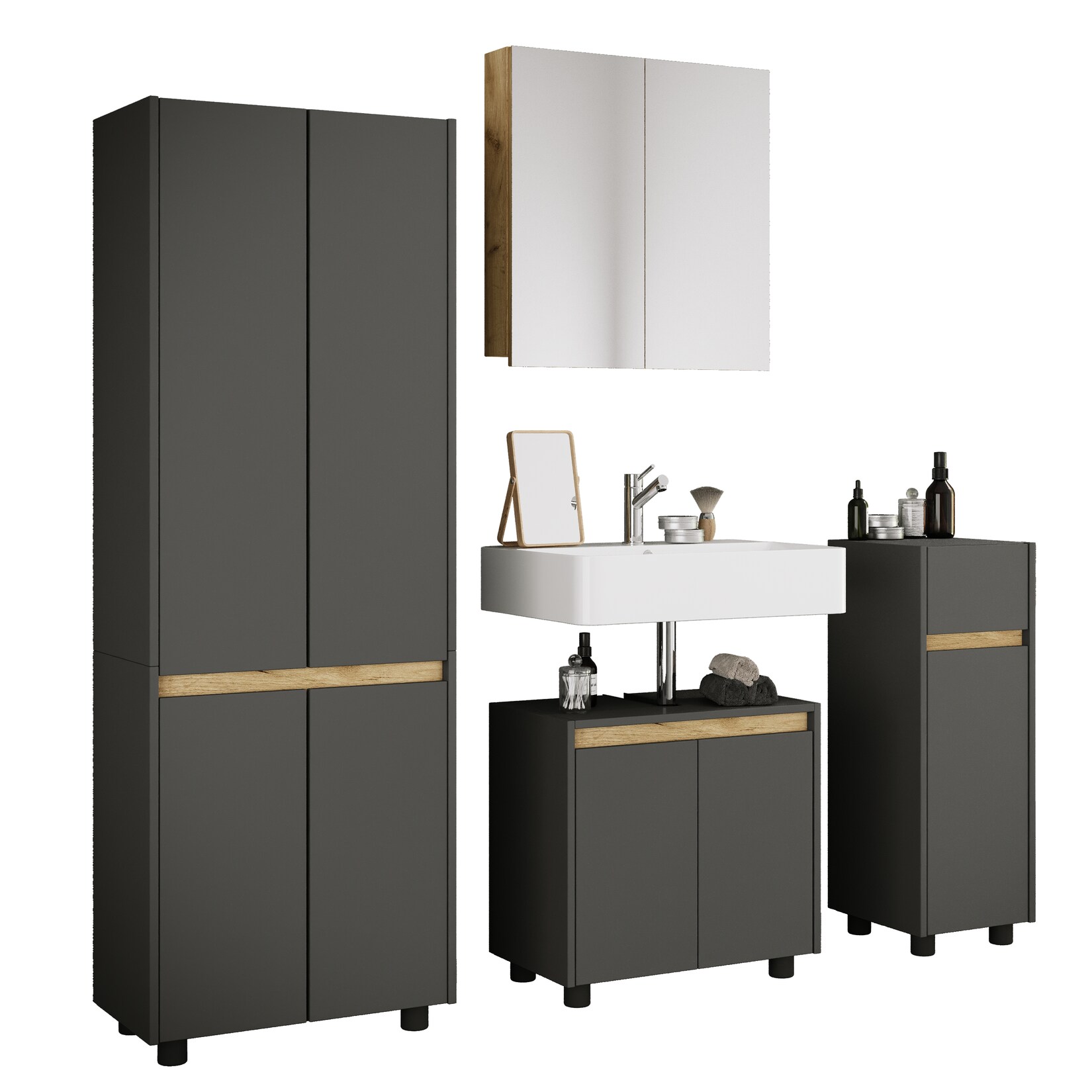 VCM 4-tlg. Badmöbel Set mit Waschbeckenunterschrank, breiter Hochschrank, Midischrank & Spiegelschrank - Cosila XL