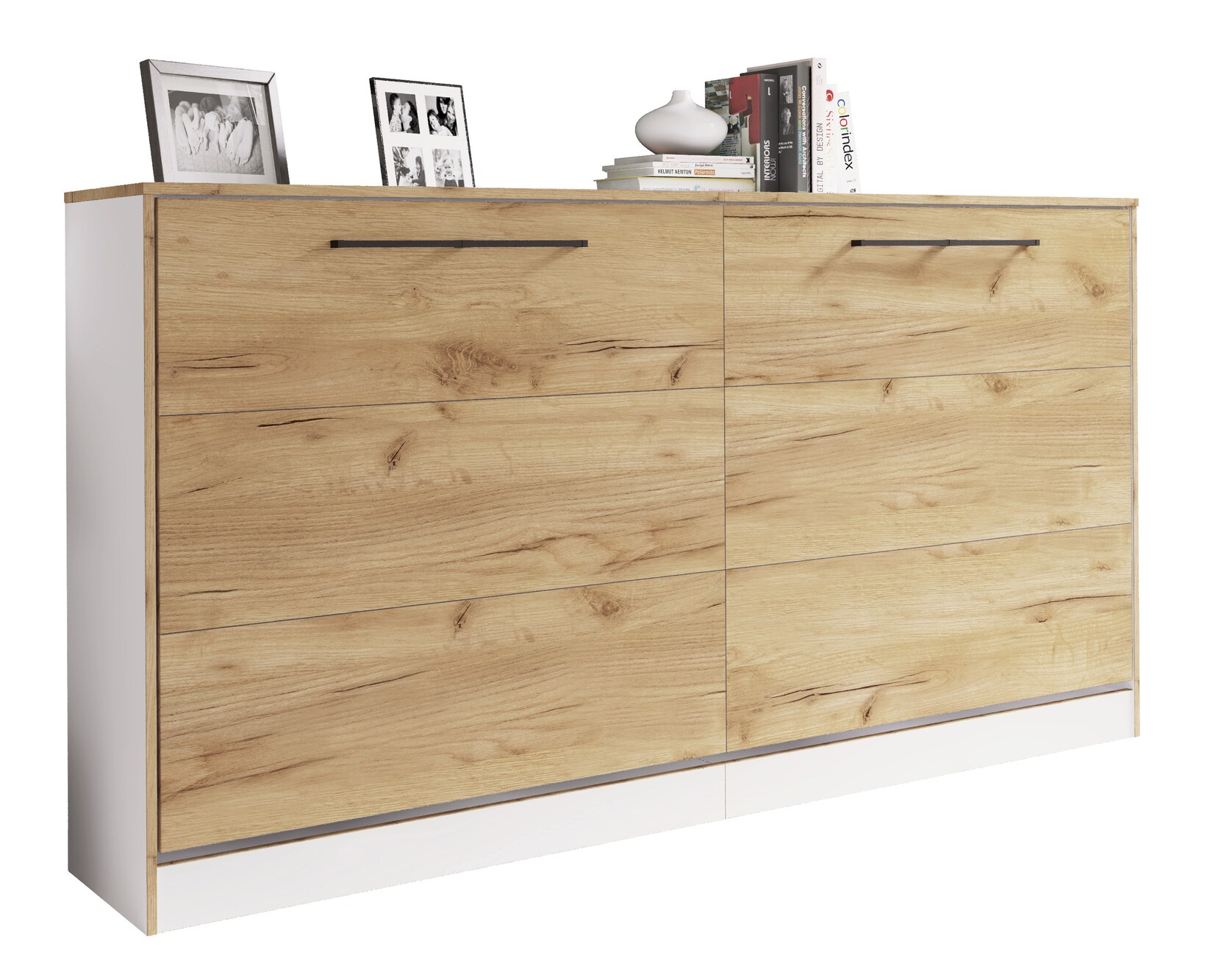 VCM Schrankbett H. 114 x B. 213 x T. 43 cm, Wandklappbett horizontal mit Lattenrost 90x200 cm, Bettschrank, Kommode Smalu
