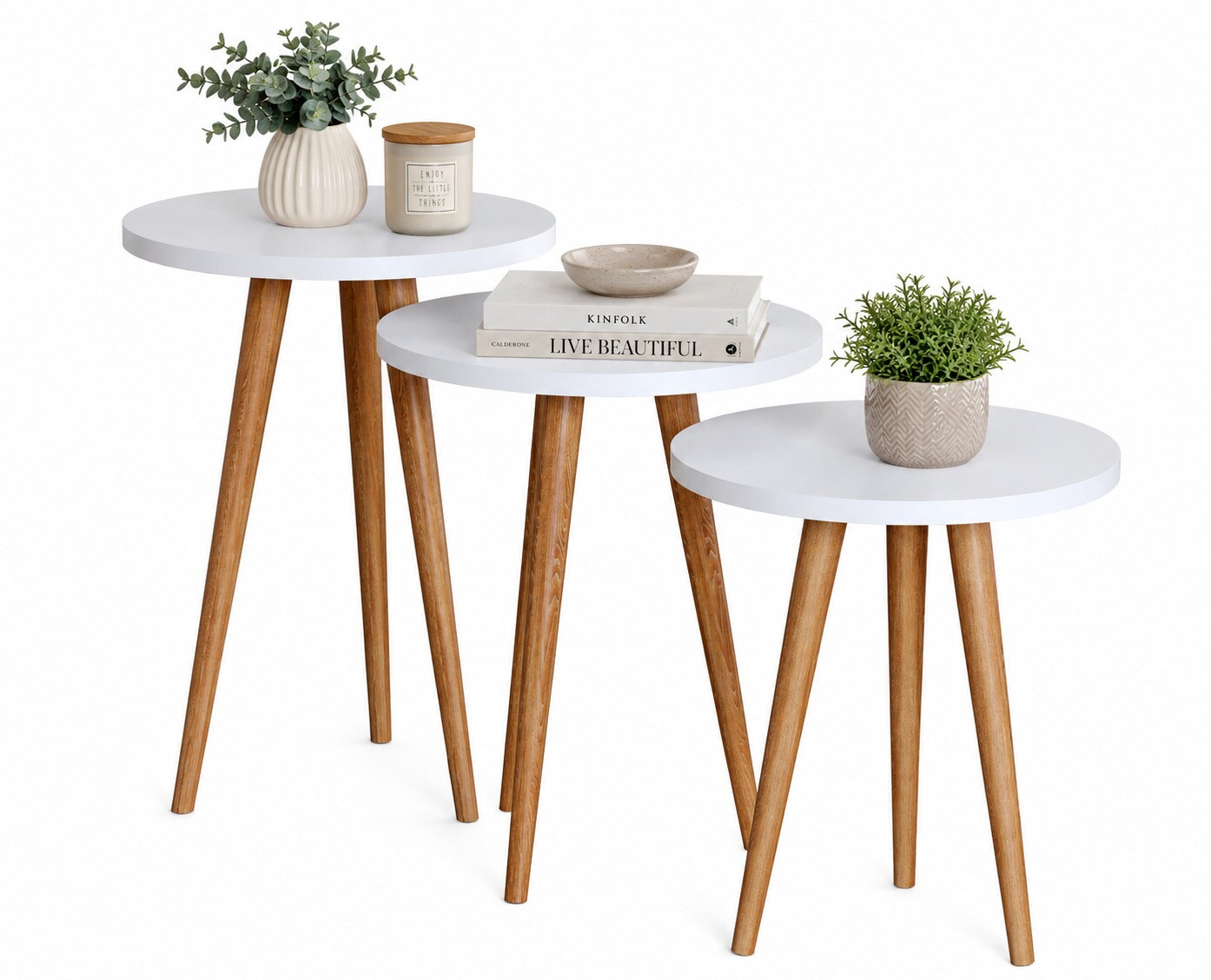 VCM 3-tlg. Beistelltisch Set, Runde Satztische mit Holzf&uuml;&szlig;en, &Oslash; 34 cm, Wohnzimmertische im Retro-Design - Barilo - Bild 1