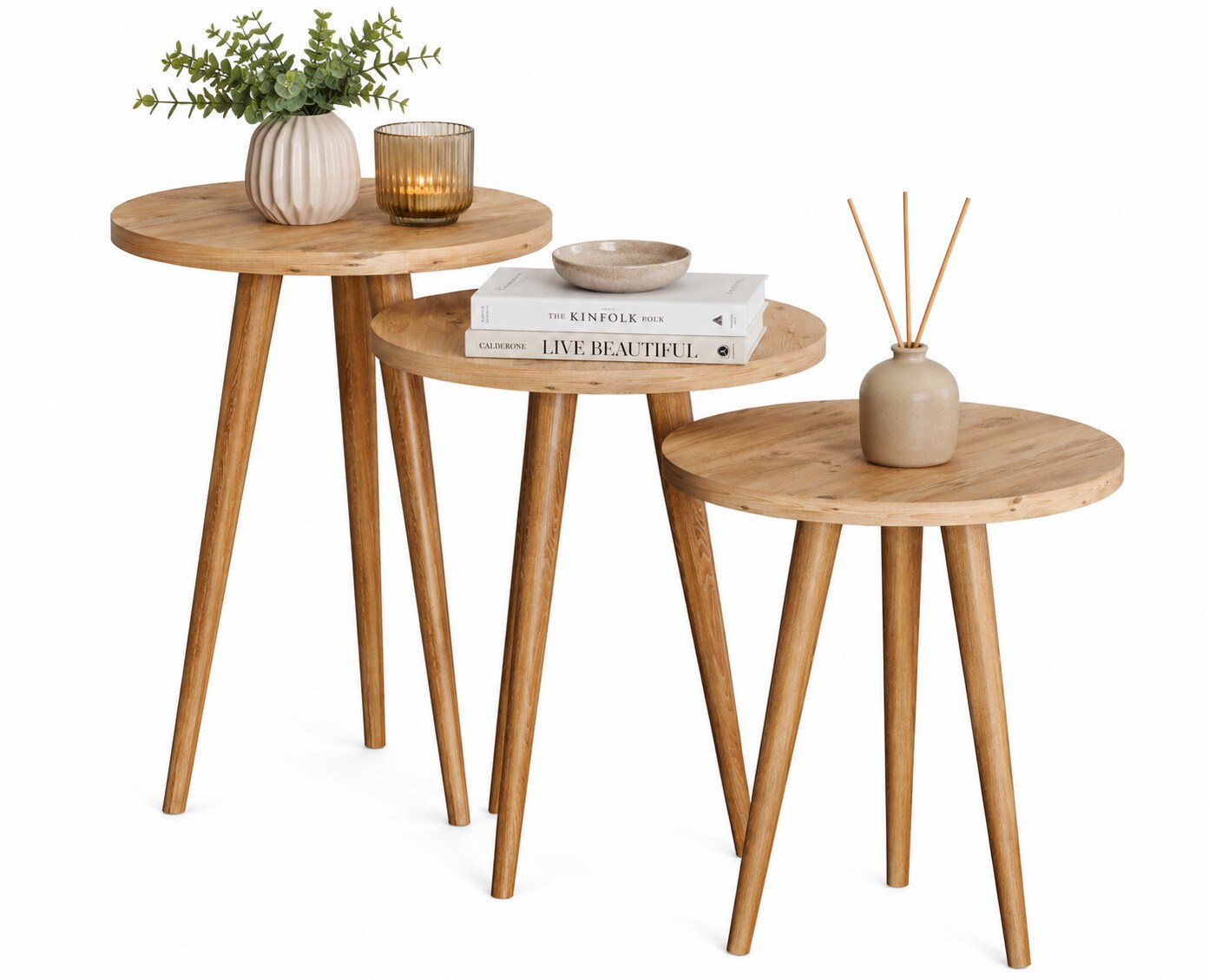 VCM 3-tlg. Beistelltisch Set, Runde Satztische mit Holzfüßen, Ø 34 cm, Wohnzimmertische im Retro-Design - Barilo