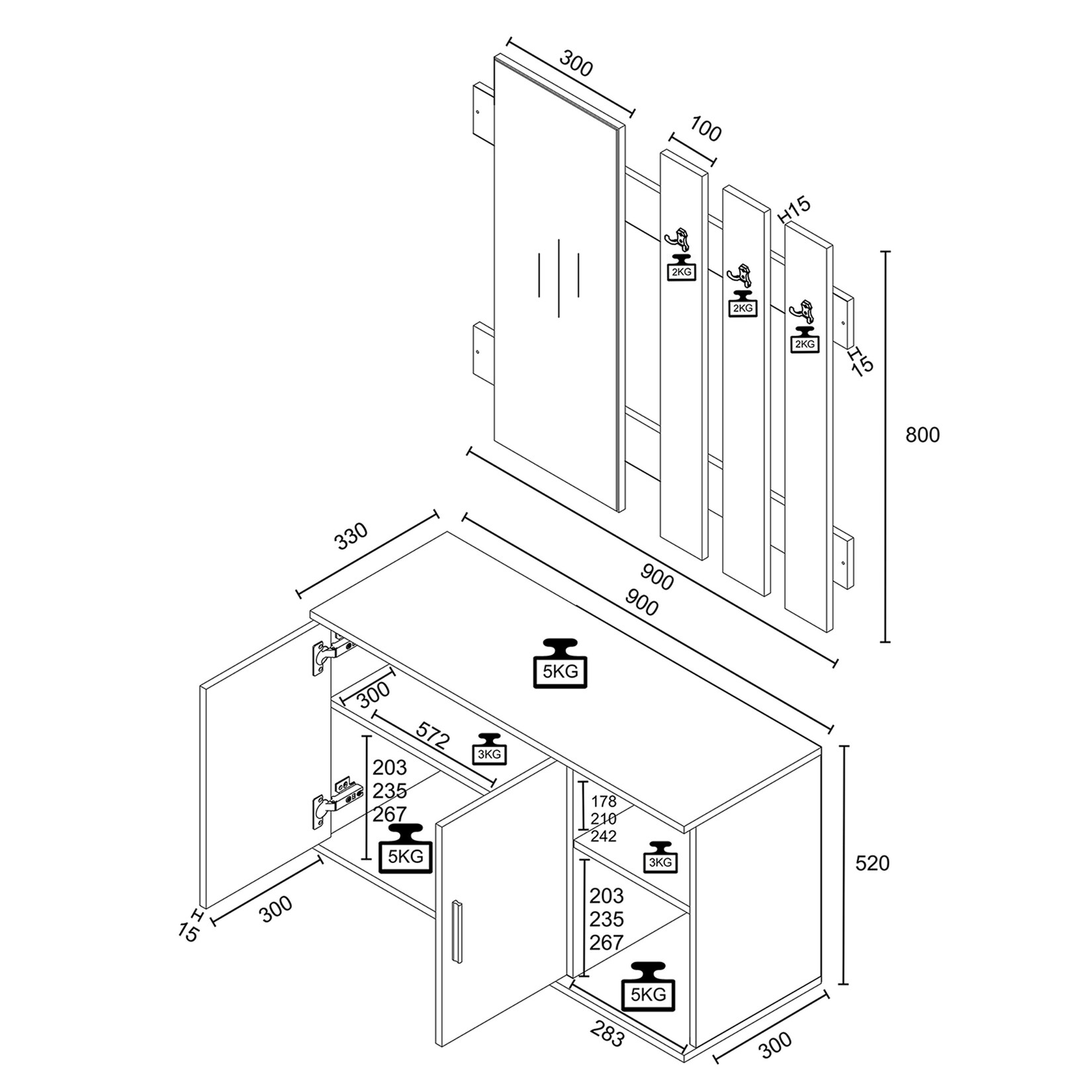 Diele Garderoben Set mit Schuhschrank Sitzbank, Wandgarderobe & Spiegel - Gados XL