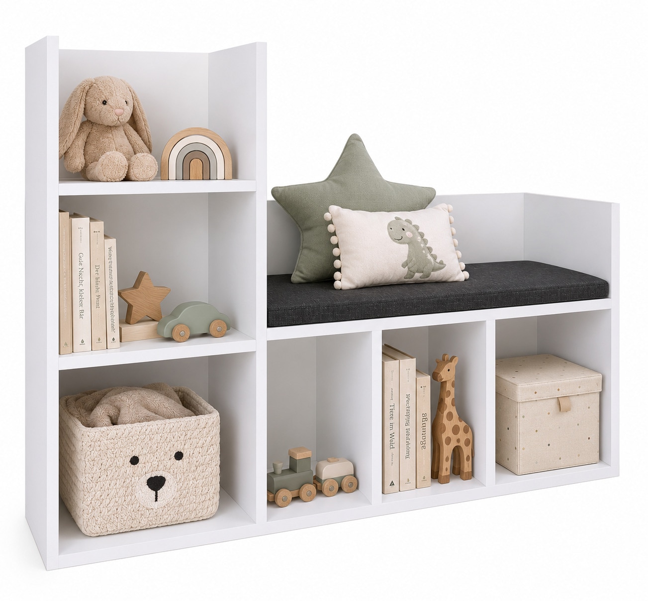 VCM Kinderregal mit Sitzbank und Sitzkissen, Spielzeugregal 108 x 88 x 34 cm, B&uuml;cherregal und Aufbewahrungsregal f&uuml;r Kinderzimmer - Lelus - Bild 1