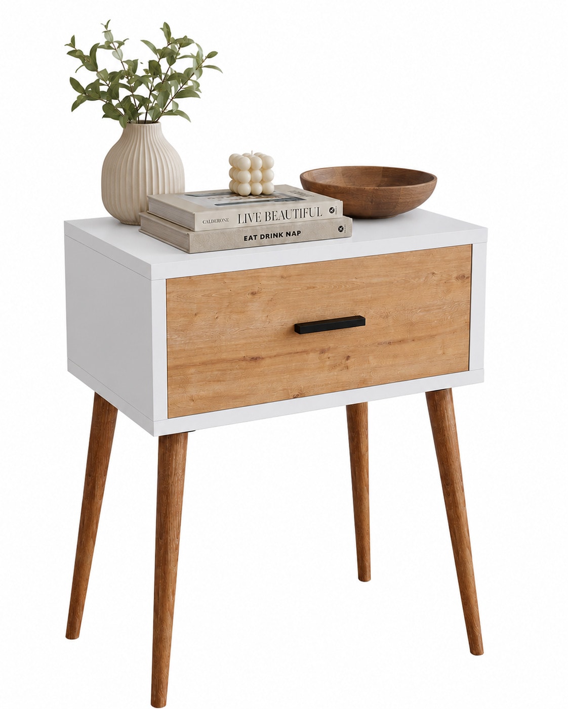 VCM Beistelltisch Nachttisch mit Schublade, 45 x 30 x 56 cm, Holzoptik, modernes Retro-Design - Singol  L - Bild 1