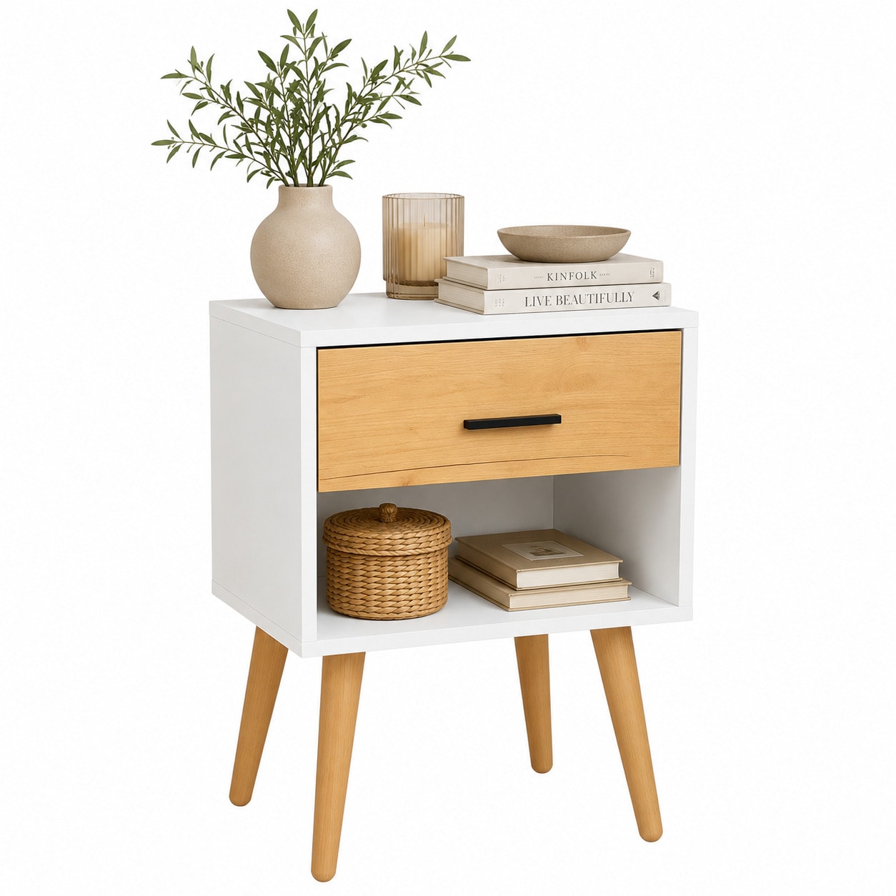 VCM Nachttisch mit Schublade und Ablagefach, 45 x 30 x 70 cm, Beistelltisch im Retro-Design mit Holzf&uuml;&szlig;en - Singol  XL - Bild 1