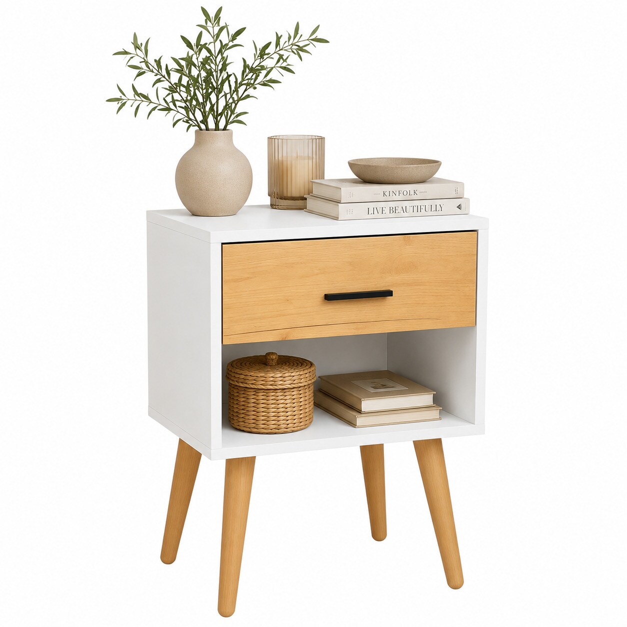 VCM Nachttisch mit Schublade und Ablagefach, 45 x 30 x 70 cm, Beistelltisch im Retro-Design mit Holzfüßen - Singol XL