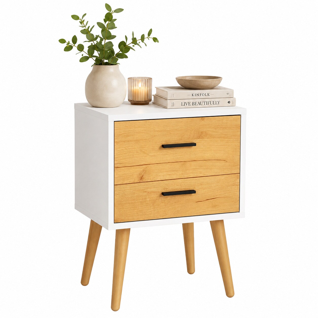 VCM Nachttisch mit 2 Schubladen, 45 x 30 x 70 cm, Beistelltisch im Retro-Design mit Holzfüßen - Singol XXL