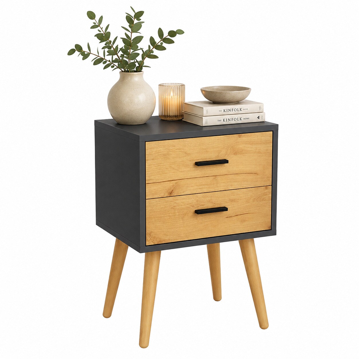 VCM Nachttisch mit 2 Schubladen, 45 x 30 x 70 cm, Beistelltisch im Retro-Design mit Holzfüßen - Singol XXL