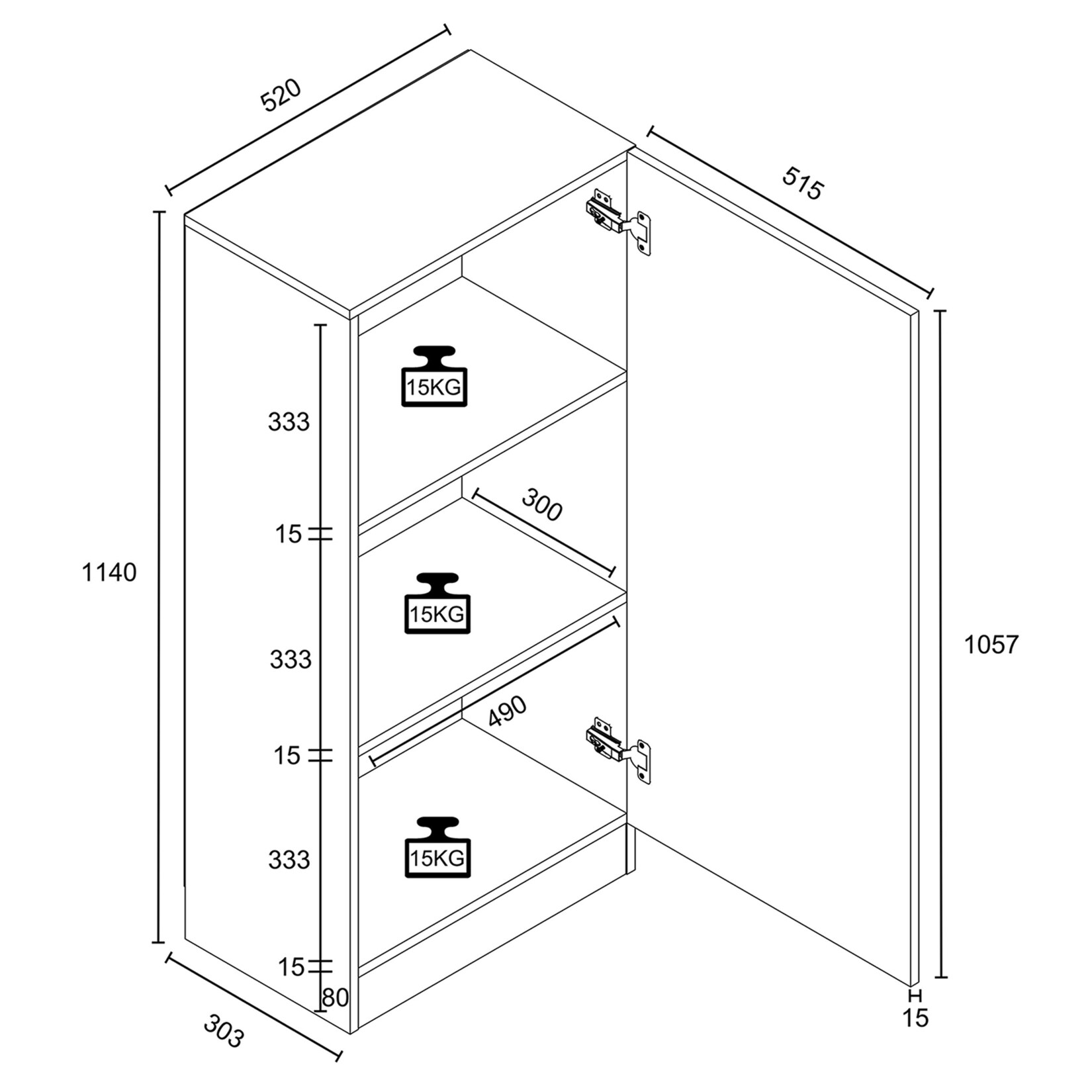 Mehrzweckschrank mit 1 Drehtür, H. 114 x B. 52 x T. 32 cm, Wohnzimmerschrank, Büroschrank und Aufbewahrungsschrank mit 3 Fächer - Dilos