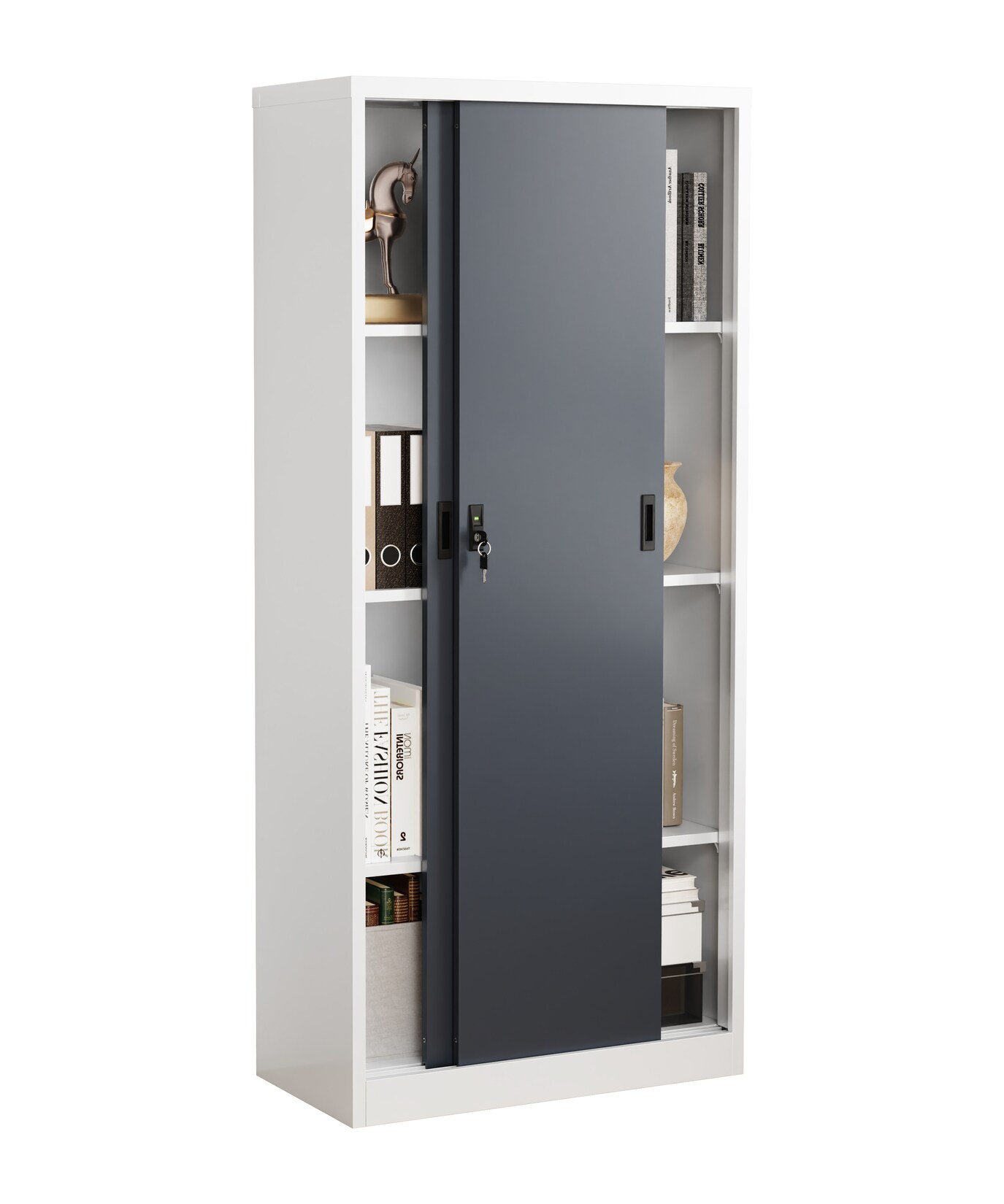 VCM Metall Büroschrank H. 180 x B. 80 x T. 40 cm / Aktenschrank Büromöbel für Ordner / Stahlschrank abschließbar / Schiebetürenschrank Malivo 4 fach mit Schiebetüren | 04051814452857
