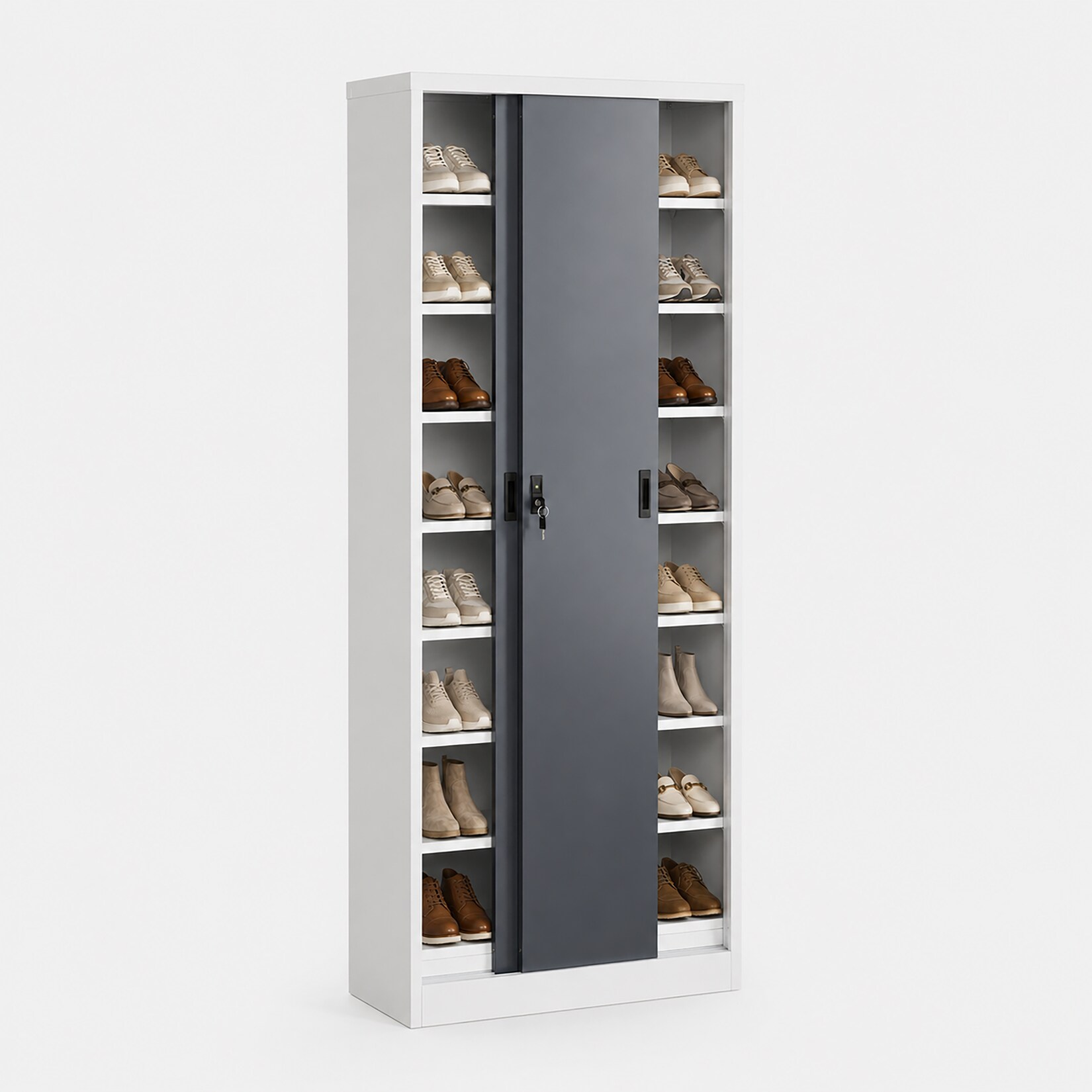 Metallschrank mit 8 Fächern und 2 Schiebetüren, Stahlschrank abschließbar, 80 x 180 x 40 cm, Schuhschrank und Universalschrank, Malivo