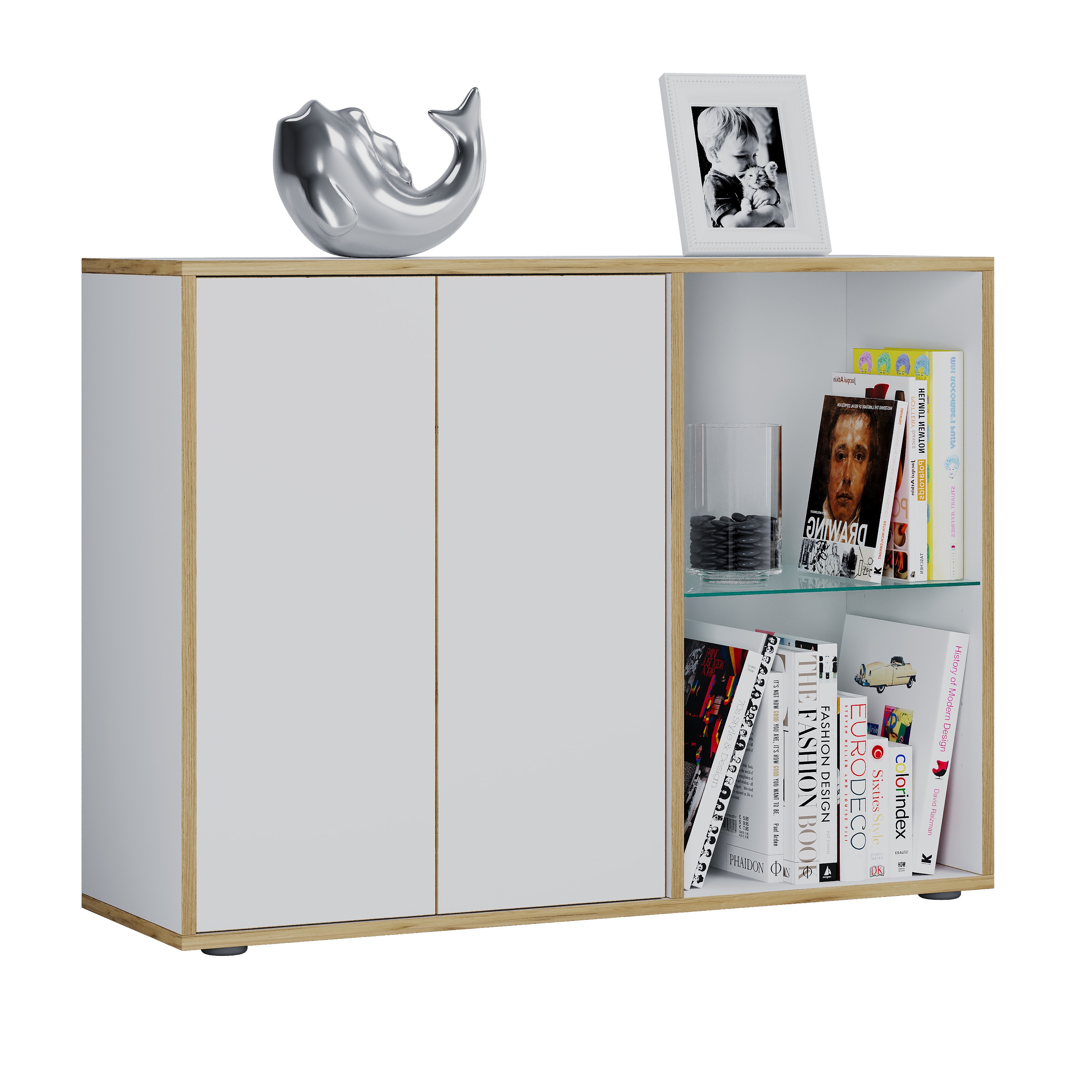 VCM Holz Kommode, Sideboard mit Dreht&uuml;ren und Glasboden, B&uuml;rom&ouml;bel, H. 74 x B. 100 x T. 33 cm - Salia - Bild 1