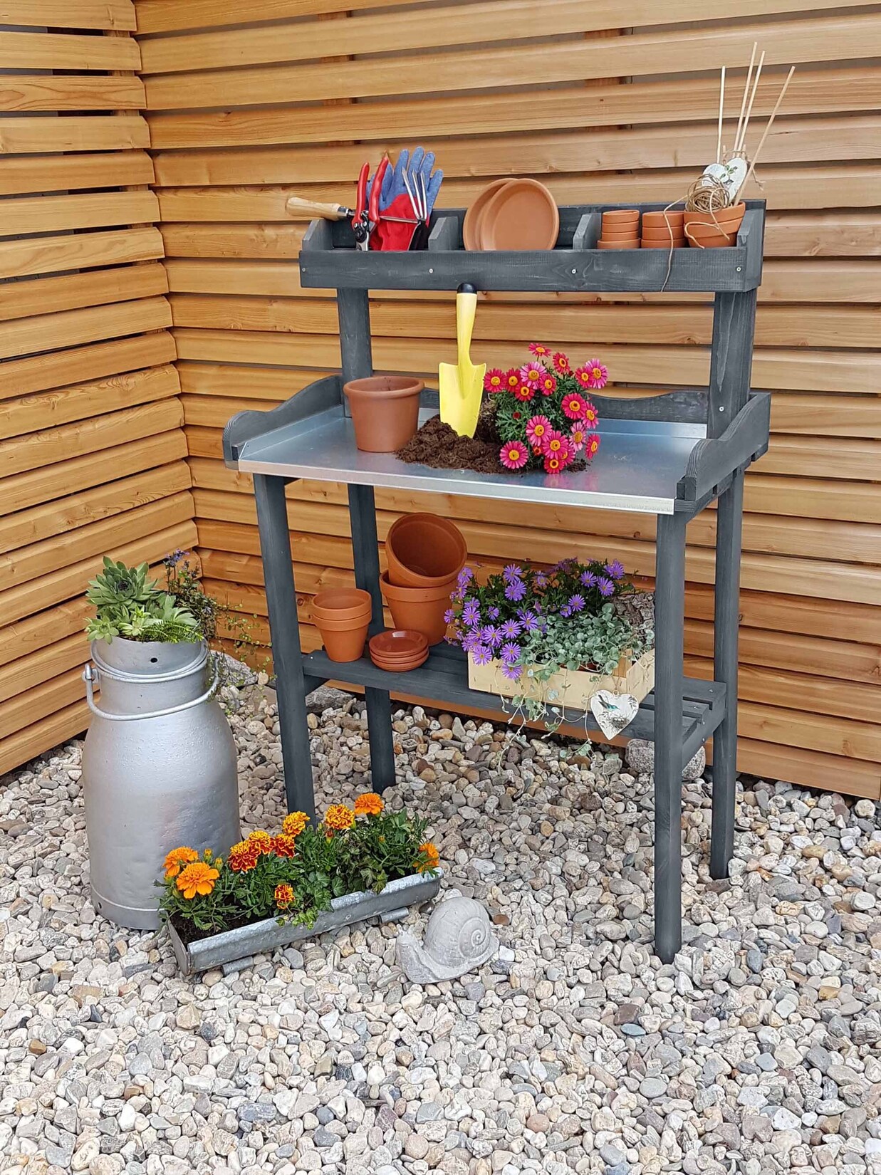 Promadino Pflanztisch mit Ablage, grau | 04012379353812