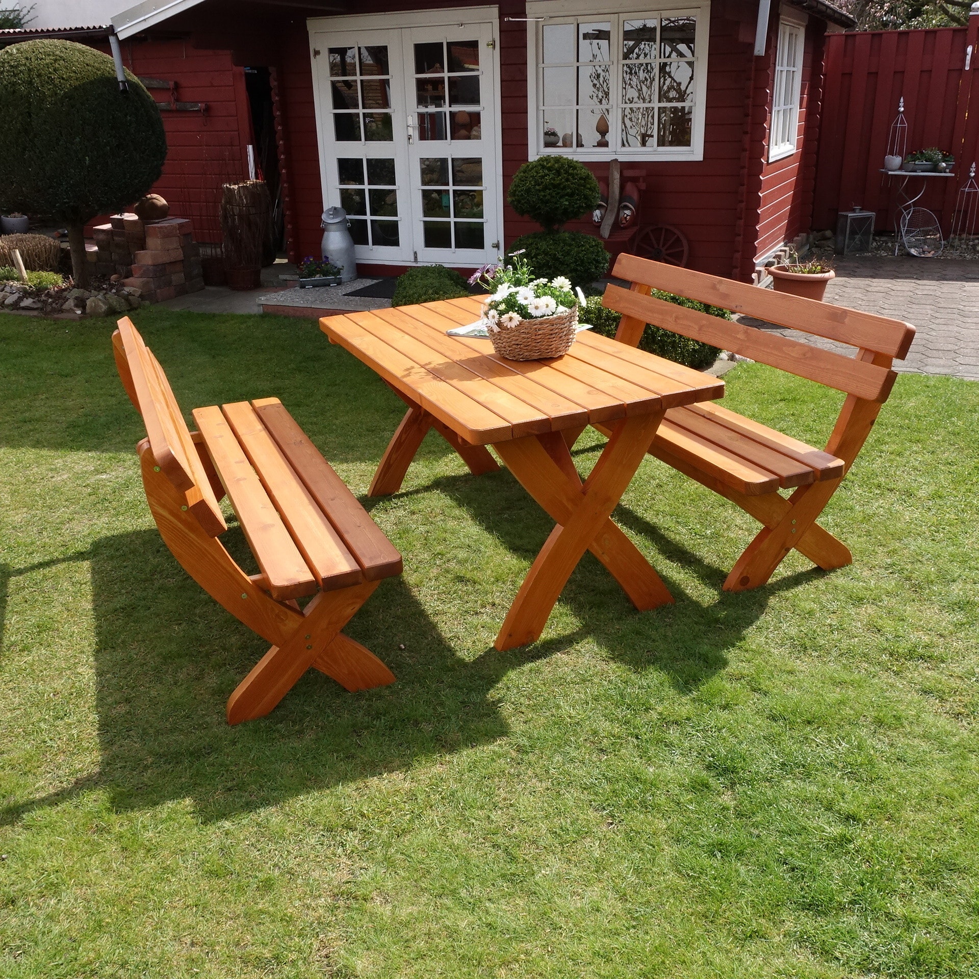 Promadino Holz-Garnitur Landsberg honigbraun 2B&auml;nke + 1Tisch - Bild 1