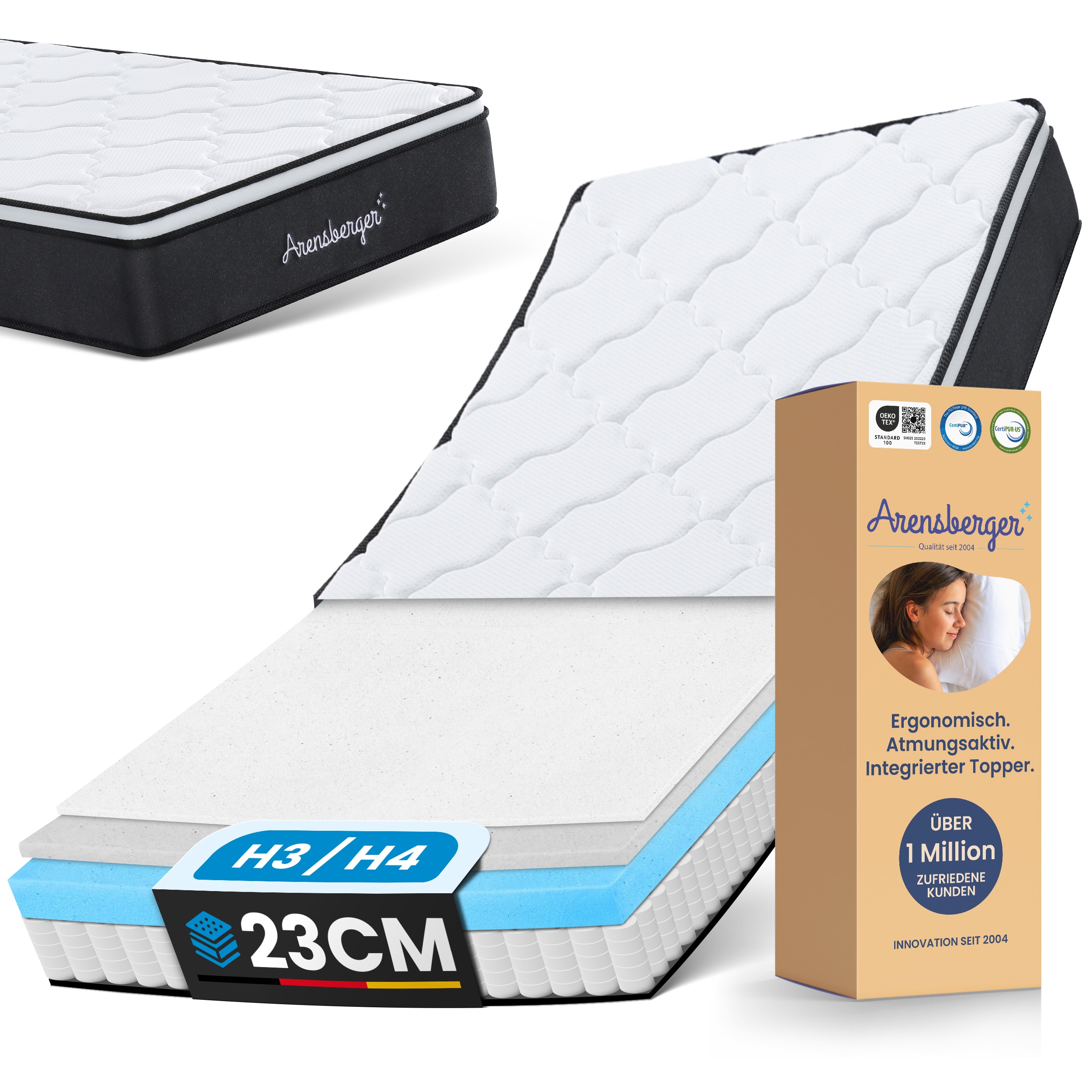Arensberger EMILIA Federkernmatratze mit GEL-Schaum und integriertem Topper | 90x200 cm H&ouml;he 23cm | H&auml;rtegrad H3/ H4 | HR Taschenfederkern Matratze - Bild 1