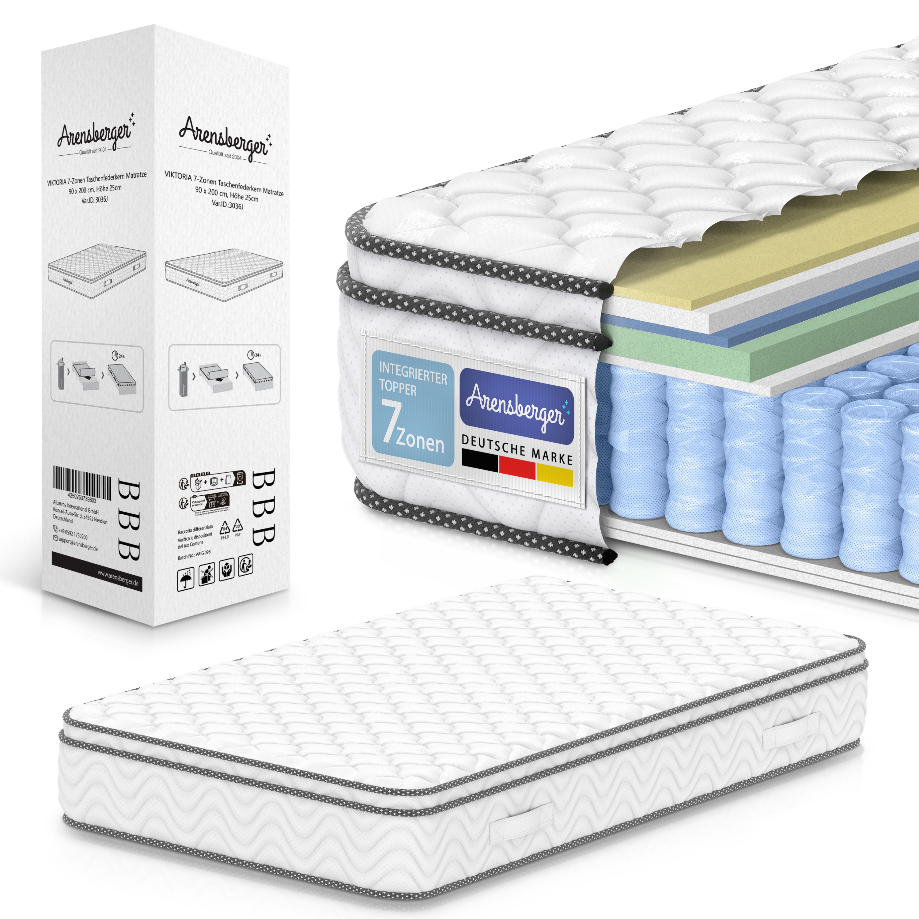 VIKTORIA Taschen Federkernmatratze 140x200 cm - Integrierter Topper; 25cm H&ouml;he; H4, H3, H2 Misch-H&auml;rtegrad; 7 Zonen Matratze - Taschenfederkernmatratze mit hoher Punktelastizit&auml;t - Bild 1