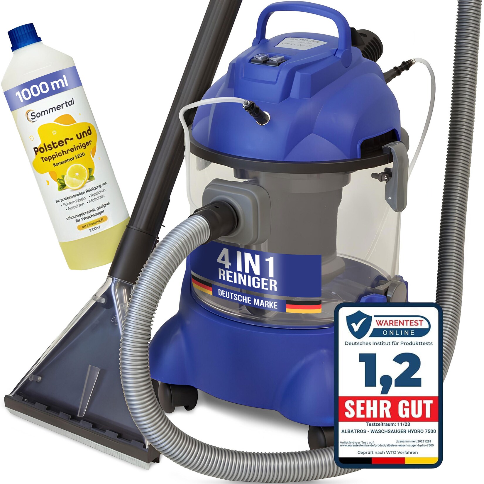 ALBATROS XXL Waschsauger Hydro 7500 +1L Reiniger - 4in1 Polsterreiniger Teppichreiniger - 1200 Watt, 20l Volumen, 22 kPa Saugleistung