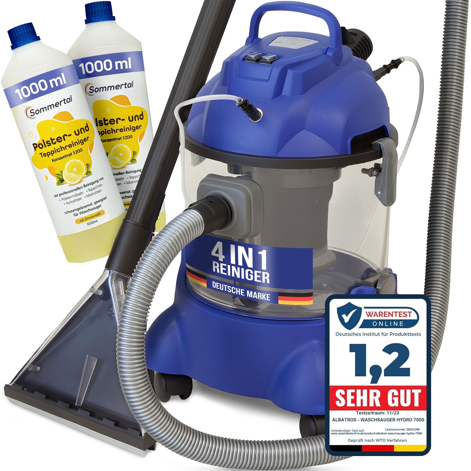 ALBATROS XXL Waschsauger Hydro 7500 +2L Reiniger - 4in1 Polsterreiniger Teppichreiniger - 1200 Watt, 20l Volumen, 22 kPa Saugleistung