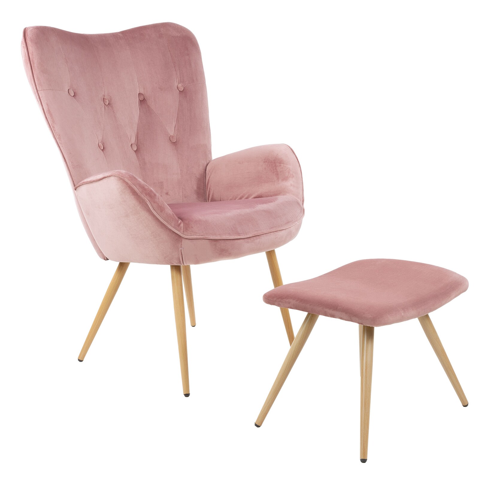 Albatros Ohrensessel mit Hocker YORK, Samt Bezug, bequem gepolstert, Fernsehsessel, Polstersessel, Farbe Ohrensessel:Rosa | 04250263740182